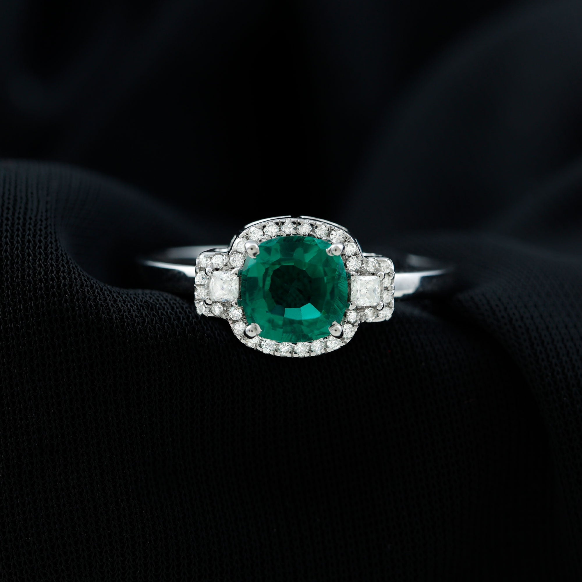 Rosec Jewels-Cushion Cut Lab Grown Emerald Cocktail Engagement Ring with Diamond