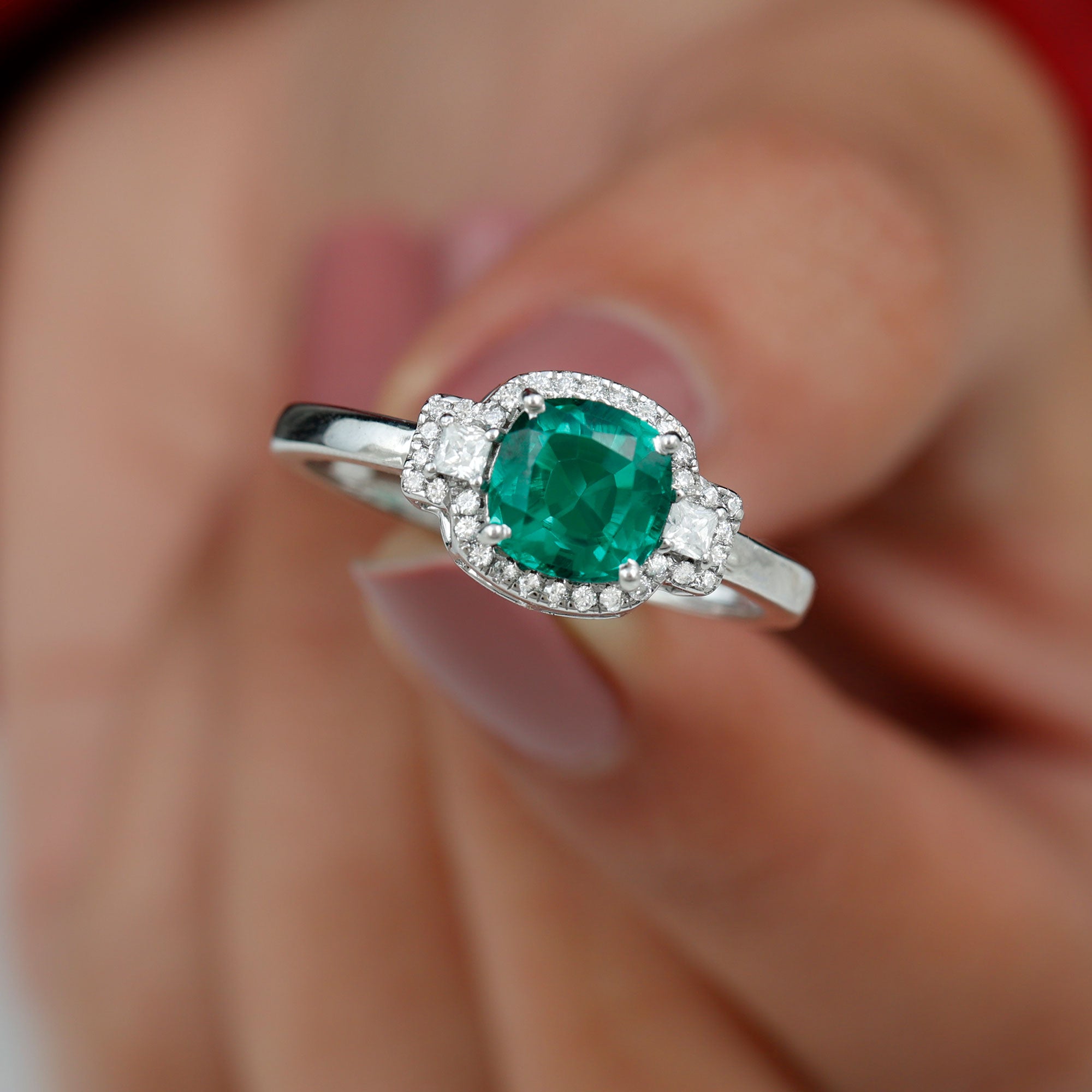 Rosec Jewels-Cushion Cut Lab Grown Emerald Cocktail Engagement Ring with Diamond