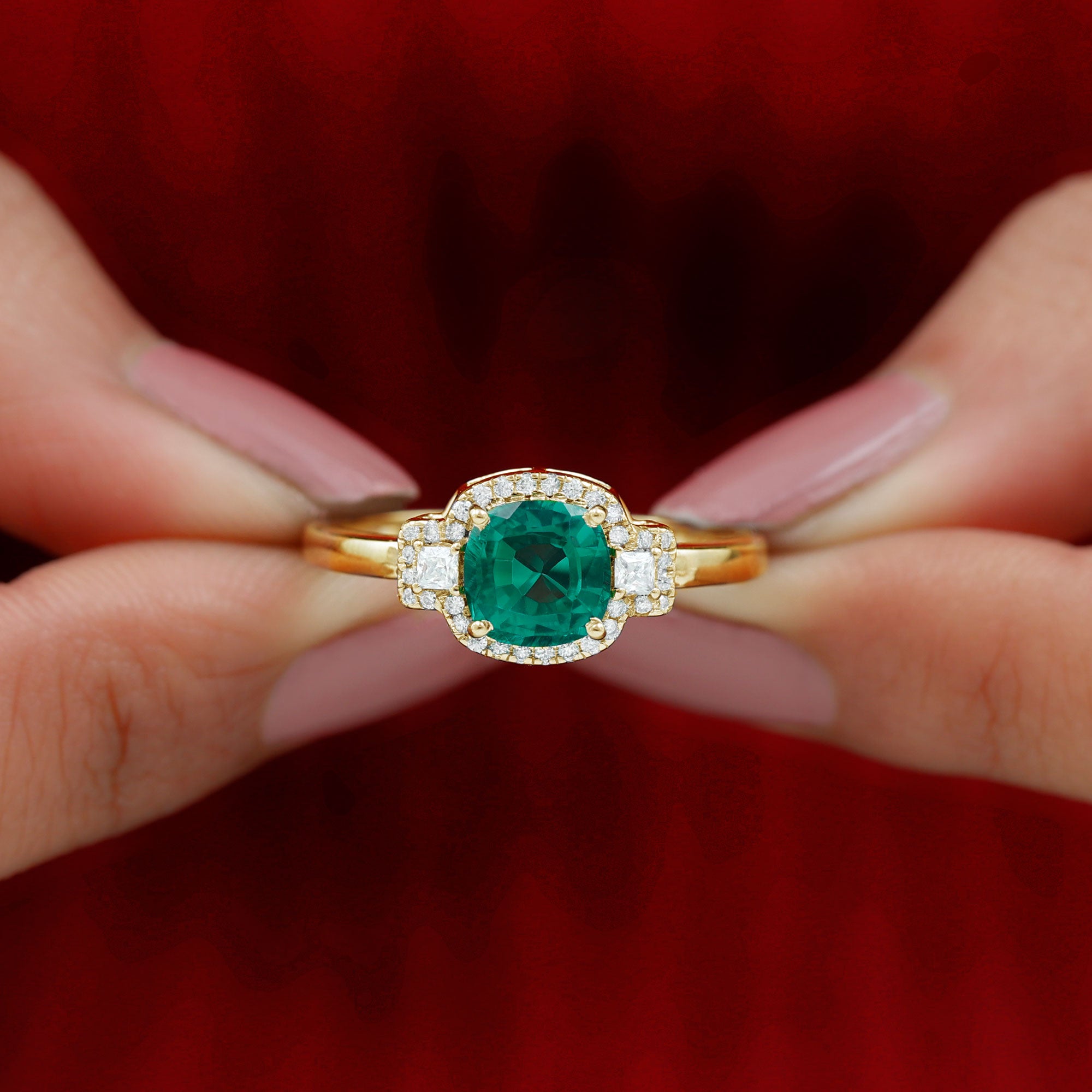 Rosec Jewels-Cushion Cut Lab Grown Emerald Cocktail Engagement Ring with Diamond