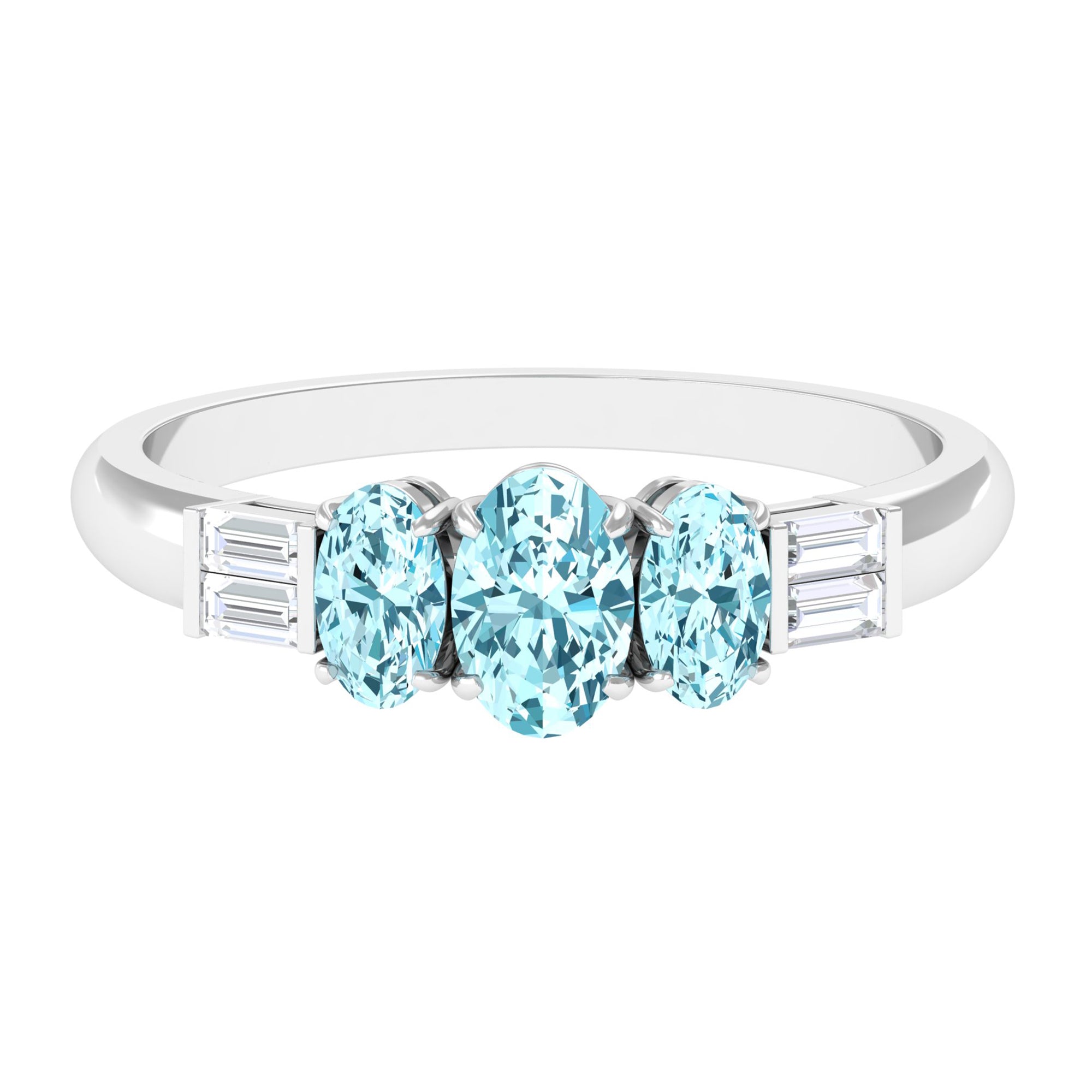 Rosec Jewels-Oval Cut Aquamarine Three Stone Ring with Diamond