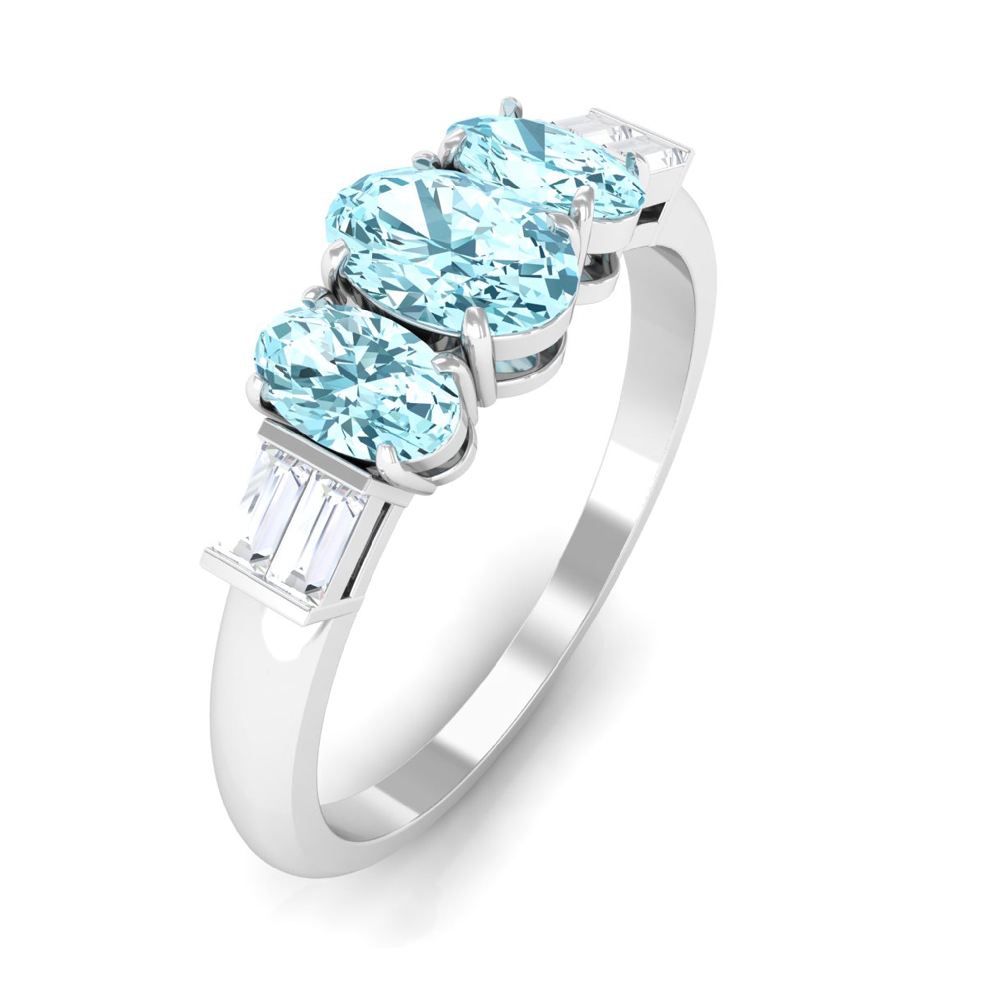 Rosec Jewels-Oval Cut Aquamarine Three Stone Ring with Diamond