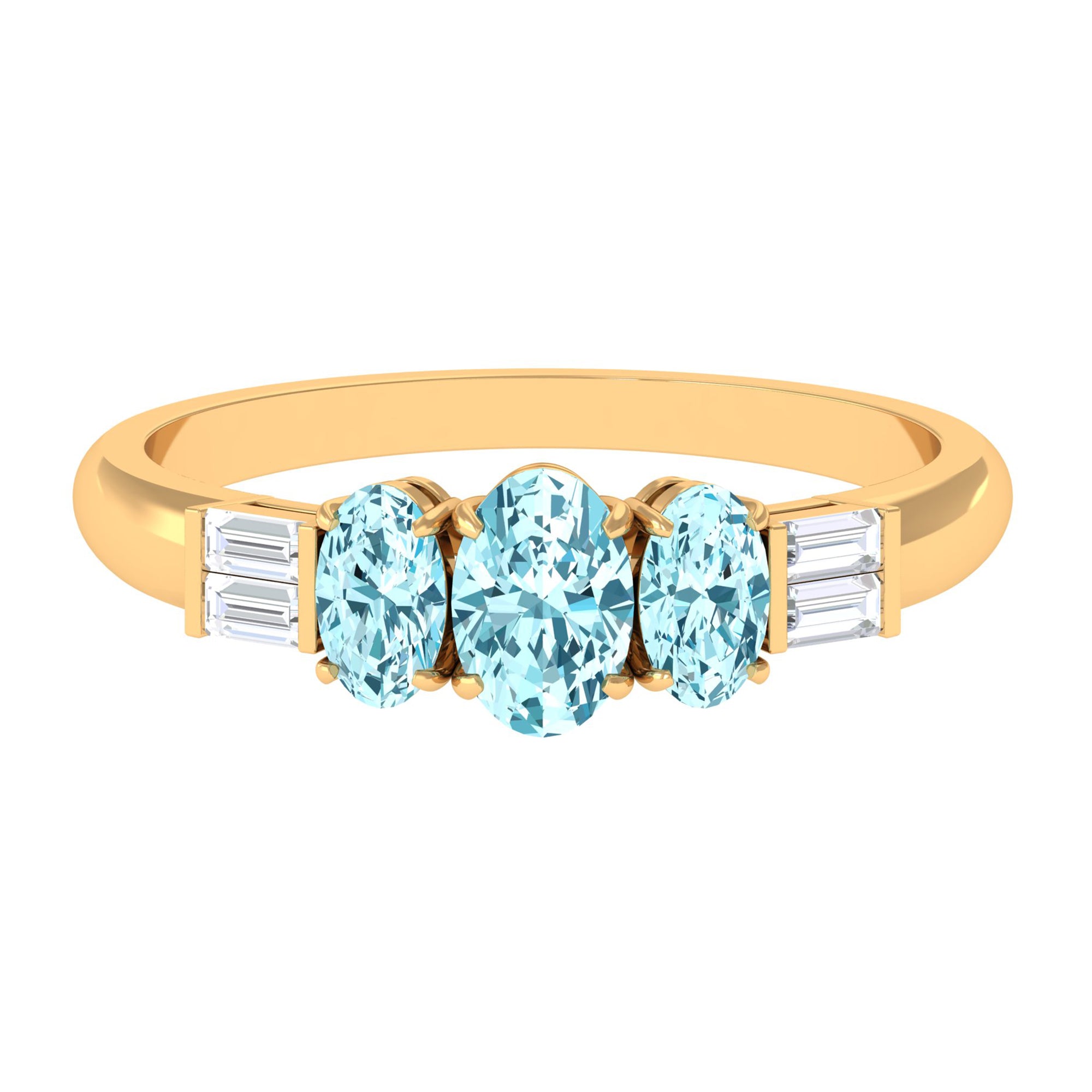 Rosec Jewels-Oval Cut Aquamarine Three Stone Ring with Diamond