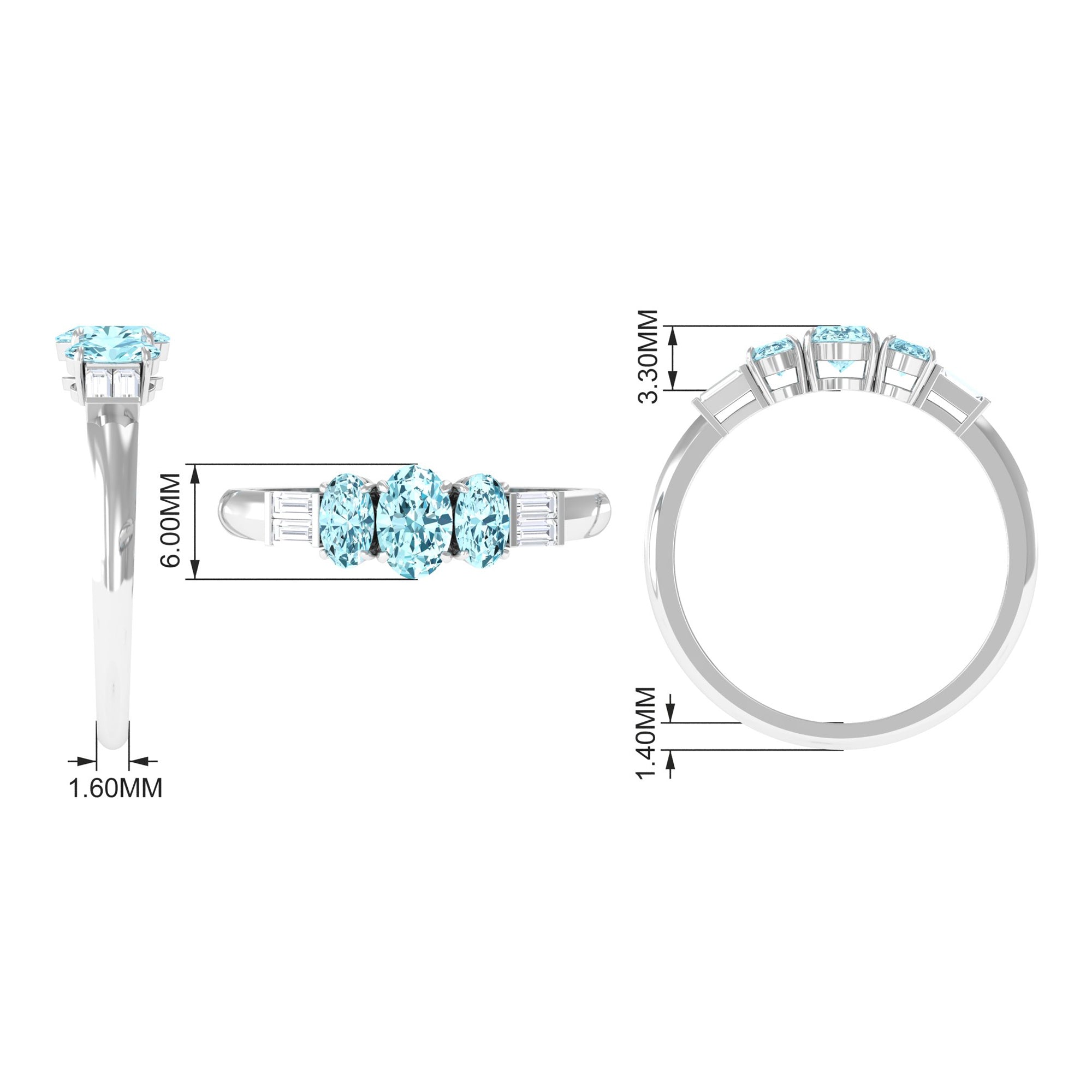 Rosec Jewels-Oval Cut Aquamarine Three Stone Ring with Diamond