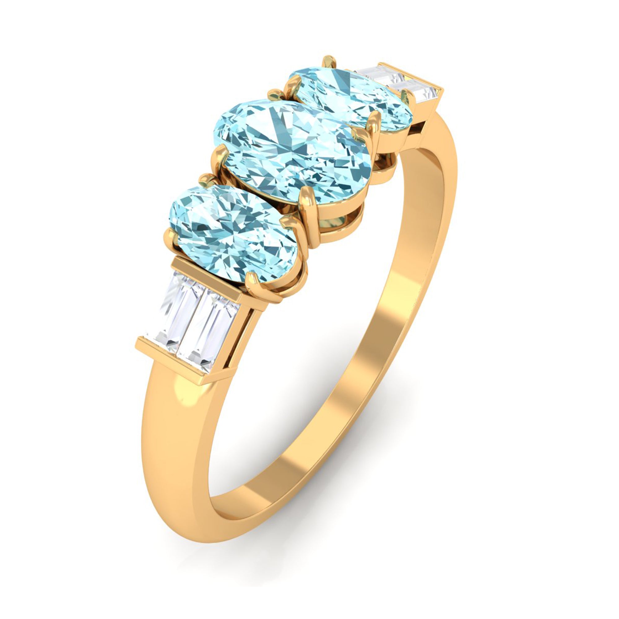 Rosec Jewels-Oval Cut Aquamarine Three Stone Ring with Diamond