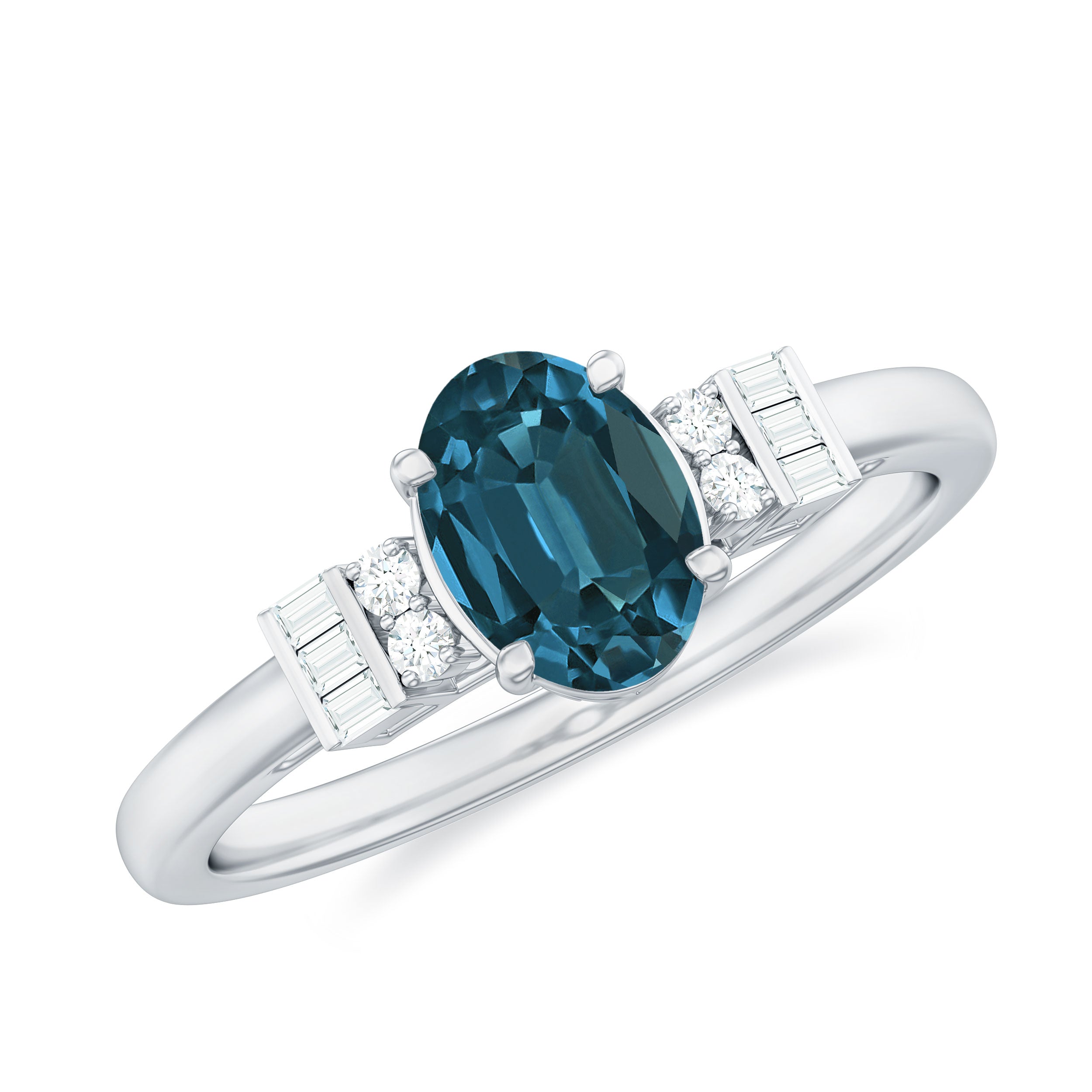 Rosec Jewels-Oval Cut London Blue Topaz Solitaire Engagement Ring with Diamond