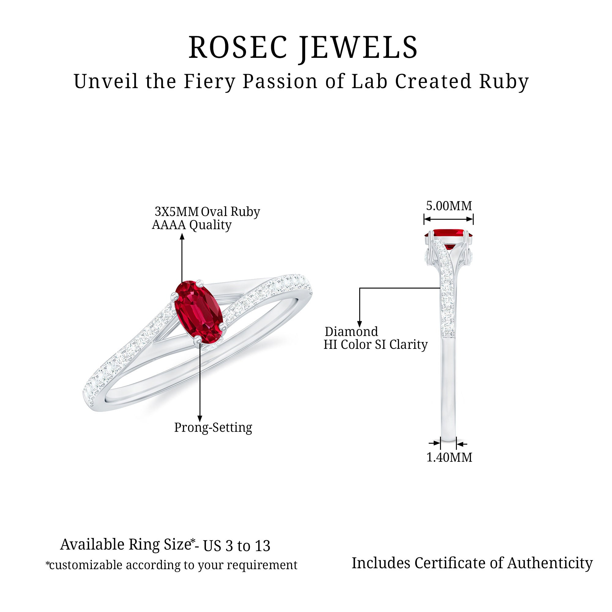 Rosec Jewels-1/2 CT Split Shank Lab Grown Ruby Simple Solitaire Ring with Diamond