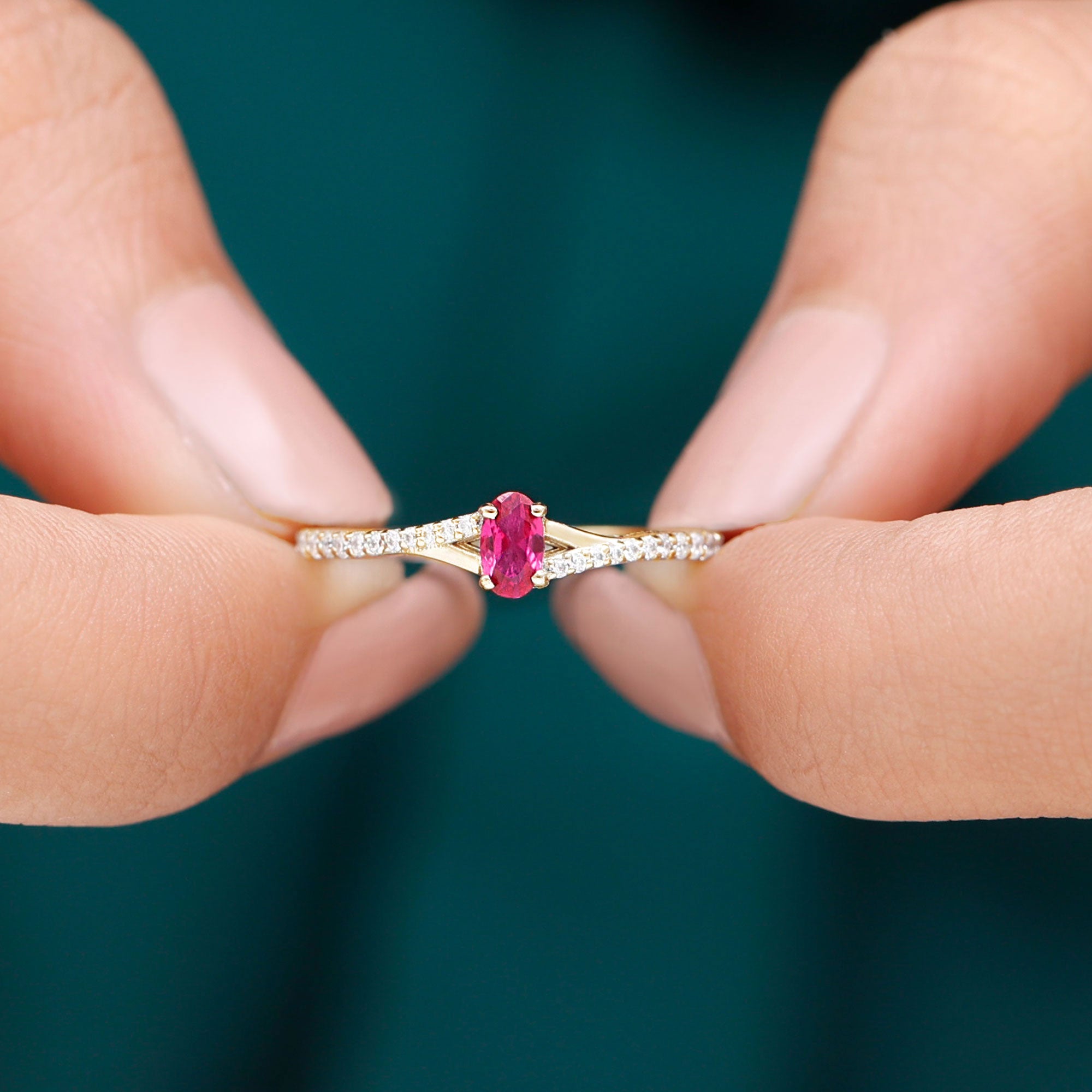 Rosec Jewels-1/2 CT Split Shank Lab Grown Ruby Simple Solitaire Ring with Diamond