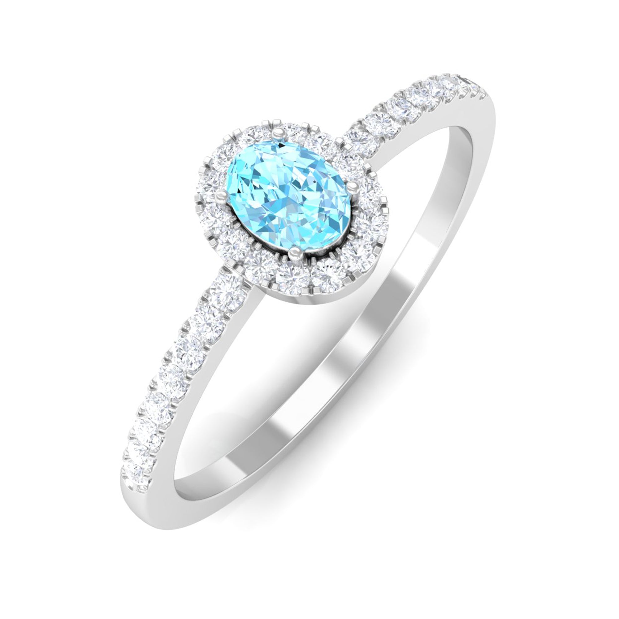 Rosec Jewels-Oval Cut Aquamarine Diamond Halo Ring