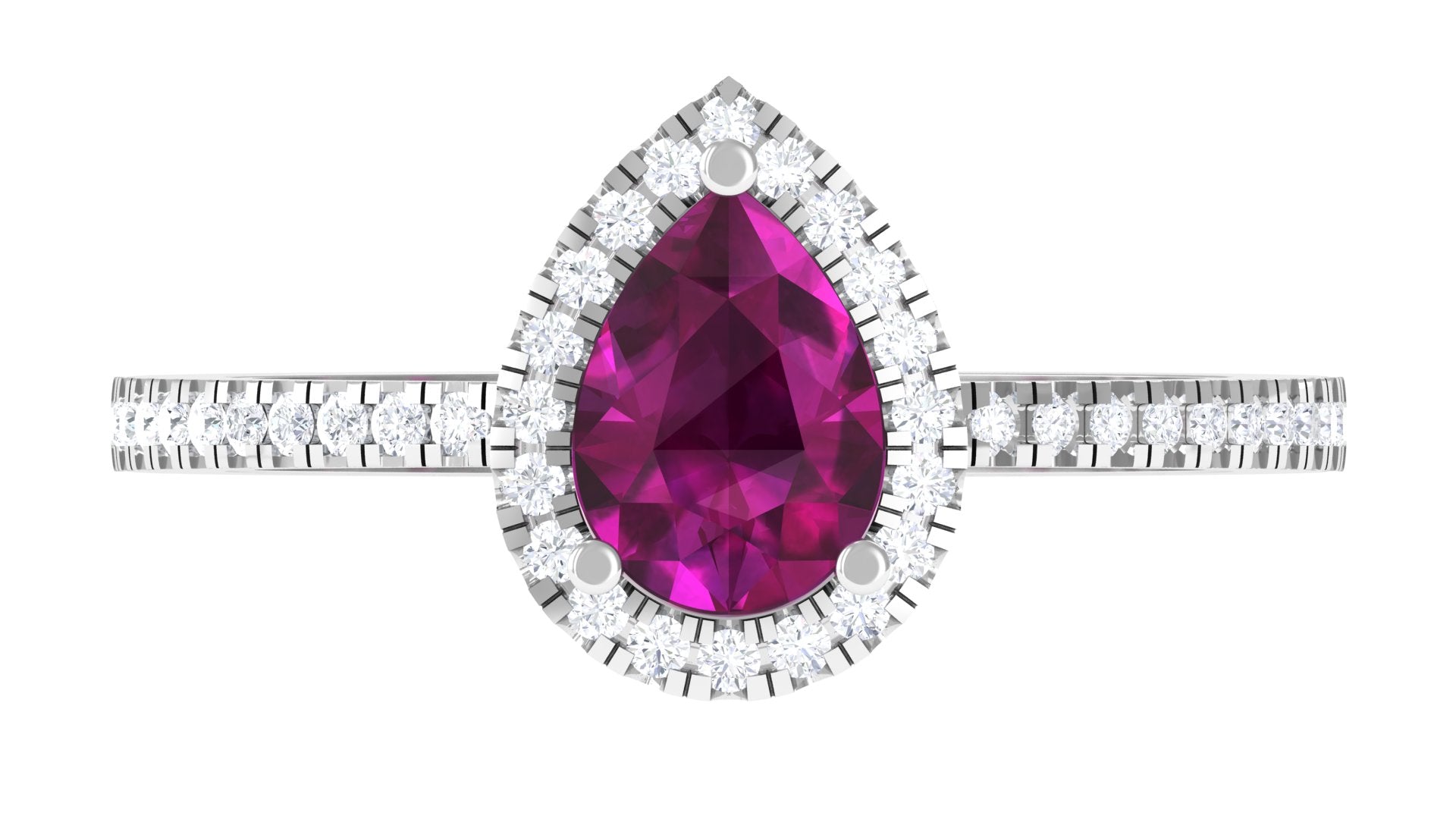 Rosec Jewels-Natural Rhodolite Teardrop Halo Ring with Diamond