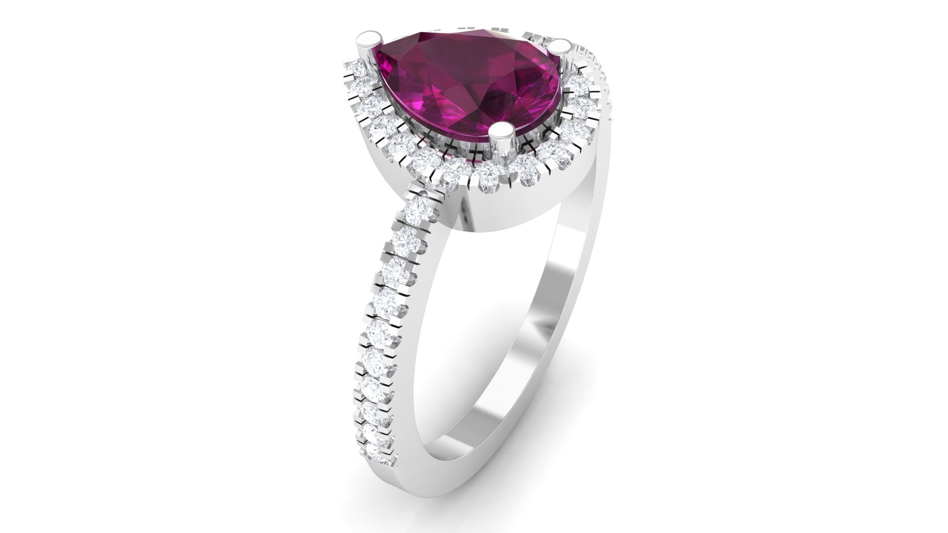 Rosec Jewels-Natural Rhodolite Teardrop Halo Ring with Diamond