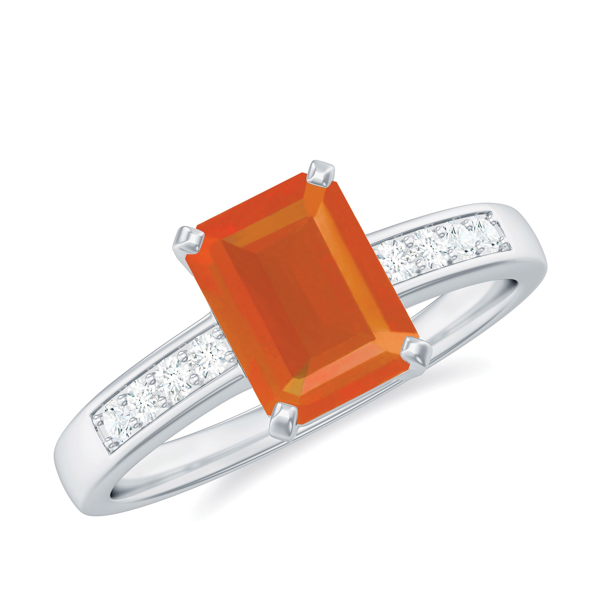 Rosec Jewels-Octagon Cut Real Fire Opal Solitaire Ring with Diamond