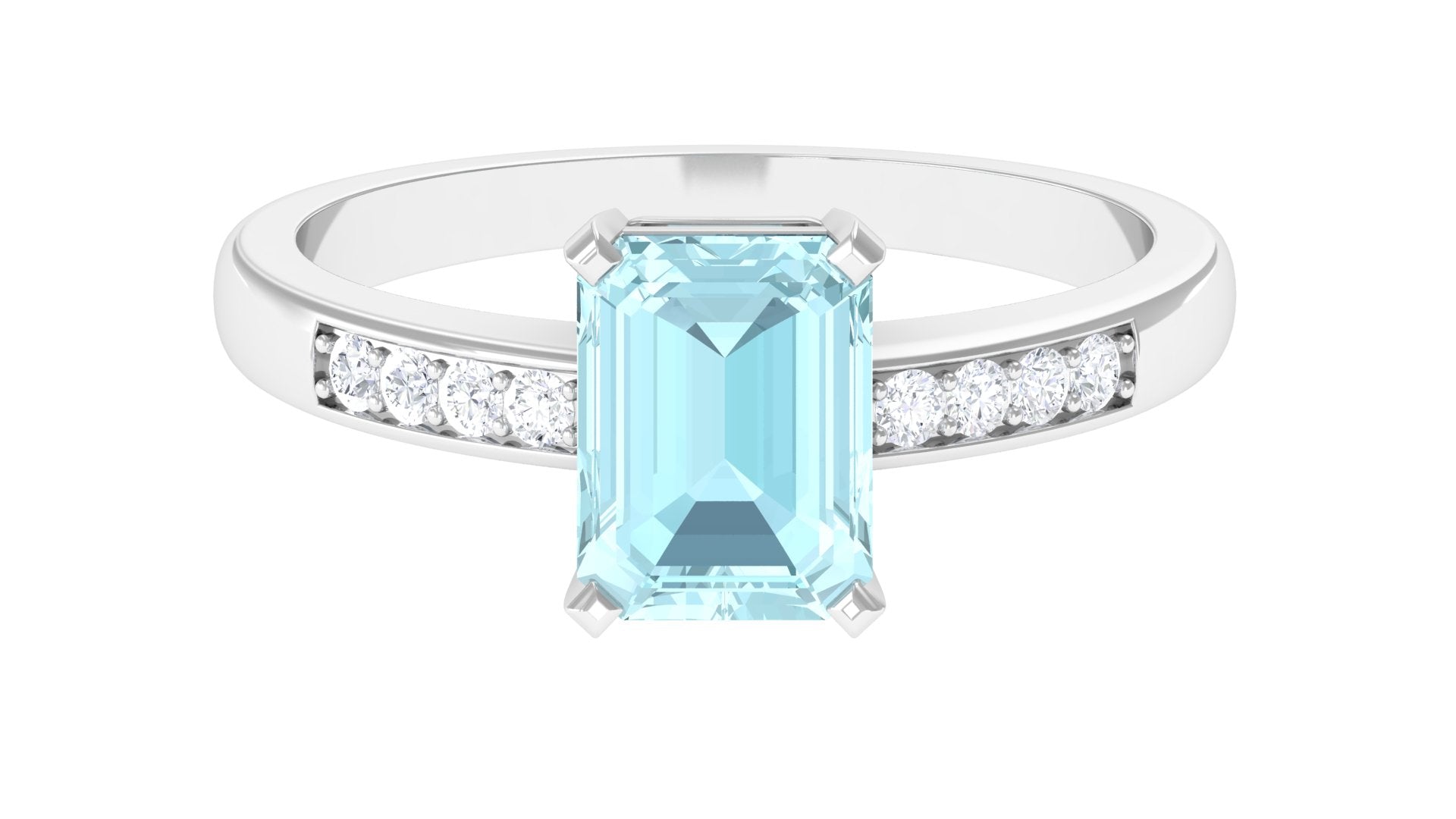 Rosec Jewels-Emerald Cut Shape Sky Blue Topaz Solitaire Engagement Ring with Diamond Side Stones