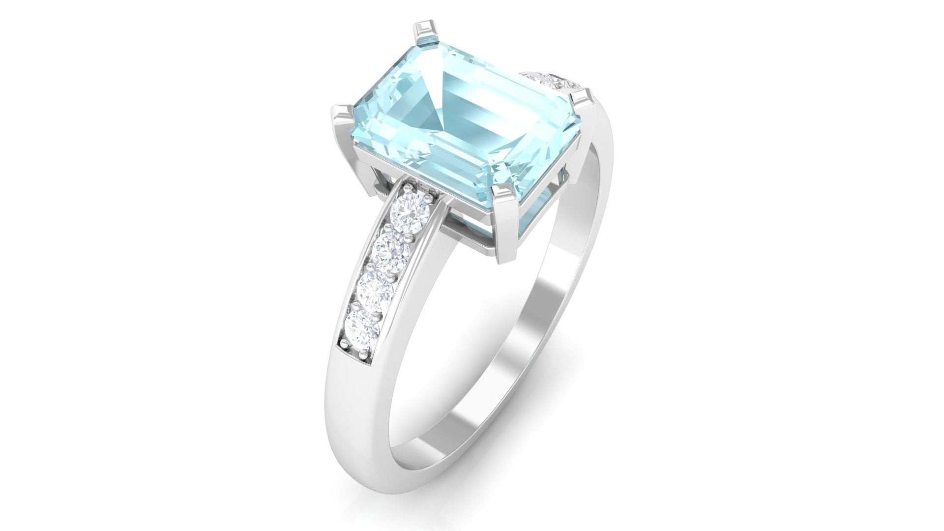 Rosec Jewels-Emerald Cut Shape Sky Blue Topaz Solitaire Engagement Ring with Diamond Side Stones