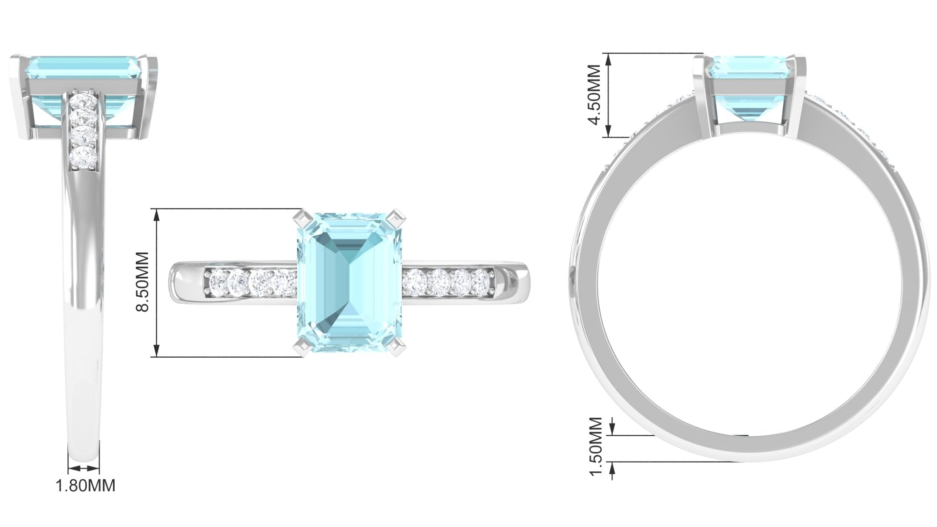 Rosec Jewels-Emerald Cut Shape Sky Blue Topaz Solitaire Engagement Ring with Diamond Side Stones