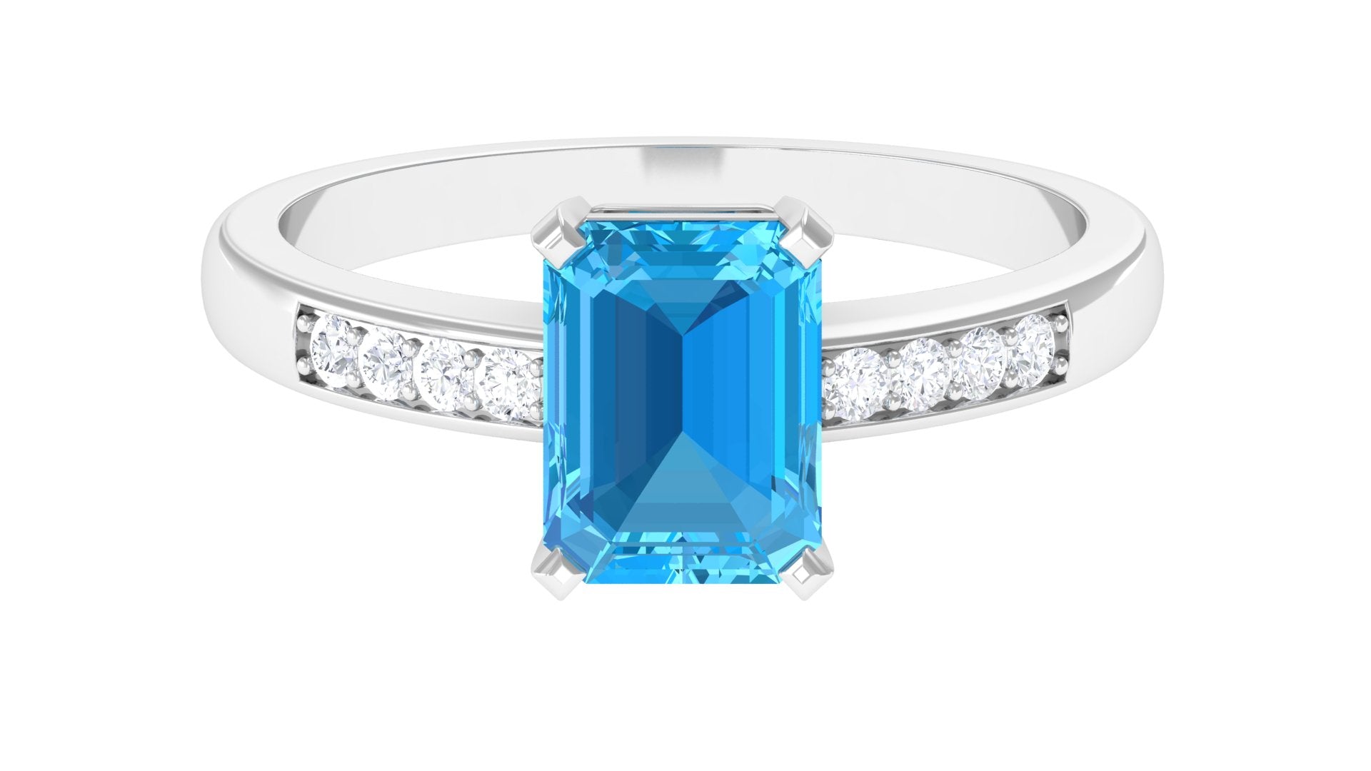 Rosec Jewels-Emerald Cut Swiss Blue Topaz Solitaire Engagement Ring with Diamond Side Stones