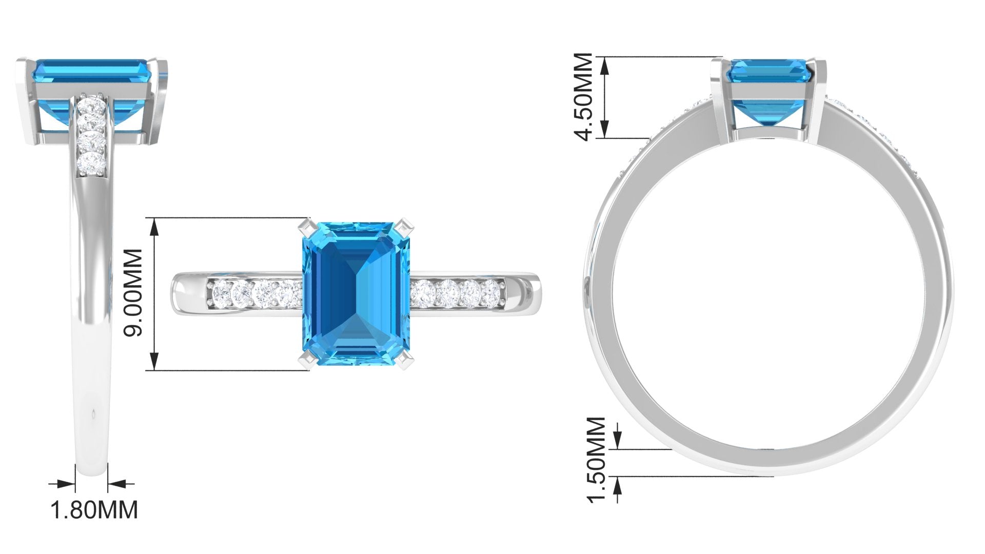 Rosec Jewels-Emerald Cut Swiss Blue Topaz Solitaire Engagement Ring with Diamond Side Stones