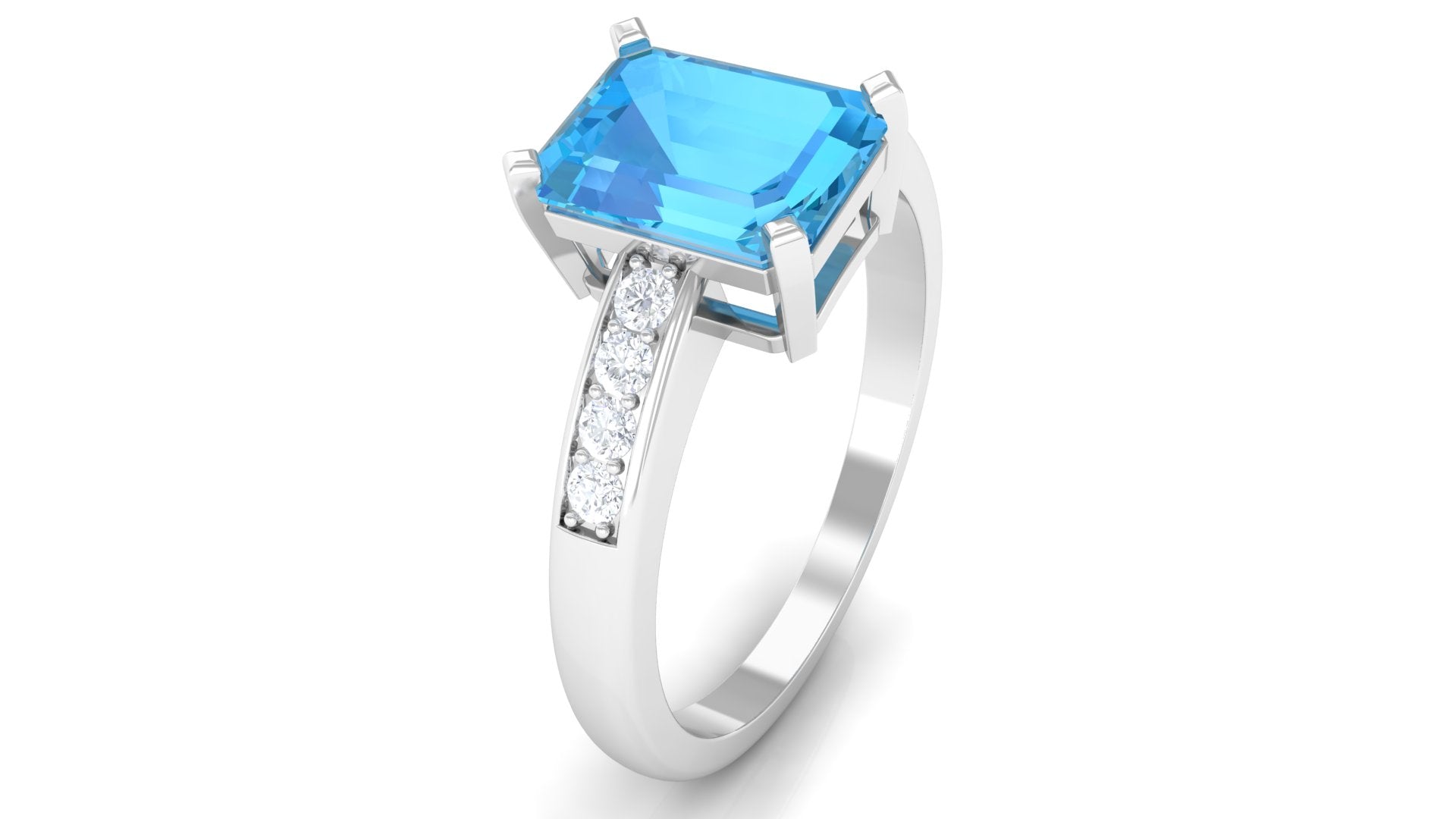 Rosec Jewels-Emerald Cut Swiss Blue Topaz Solitaire Engagement Ring with Diamond Side Stones