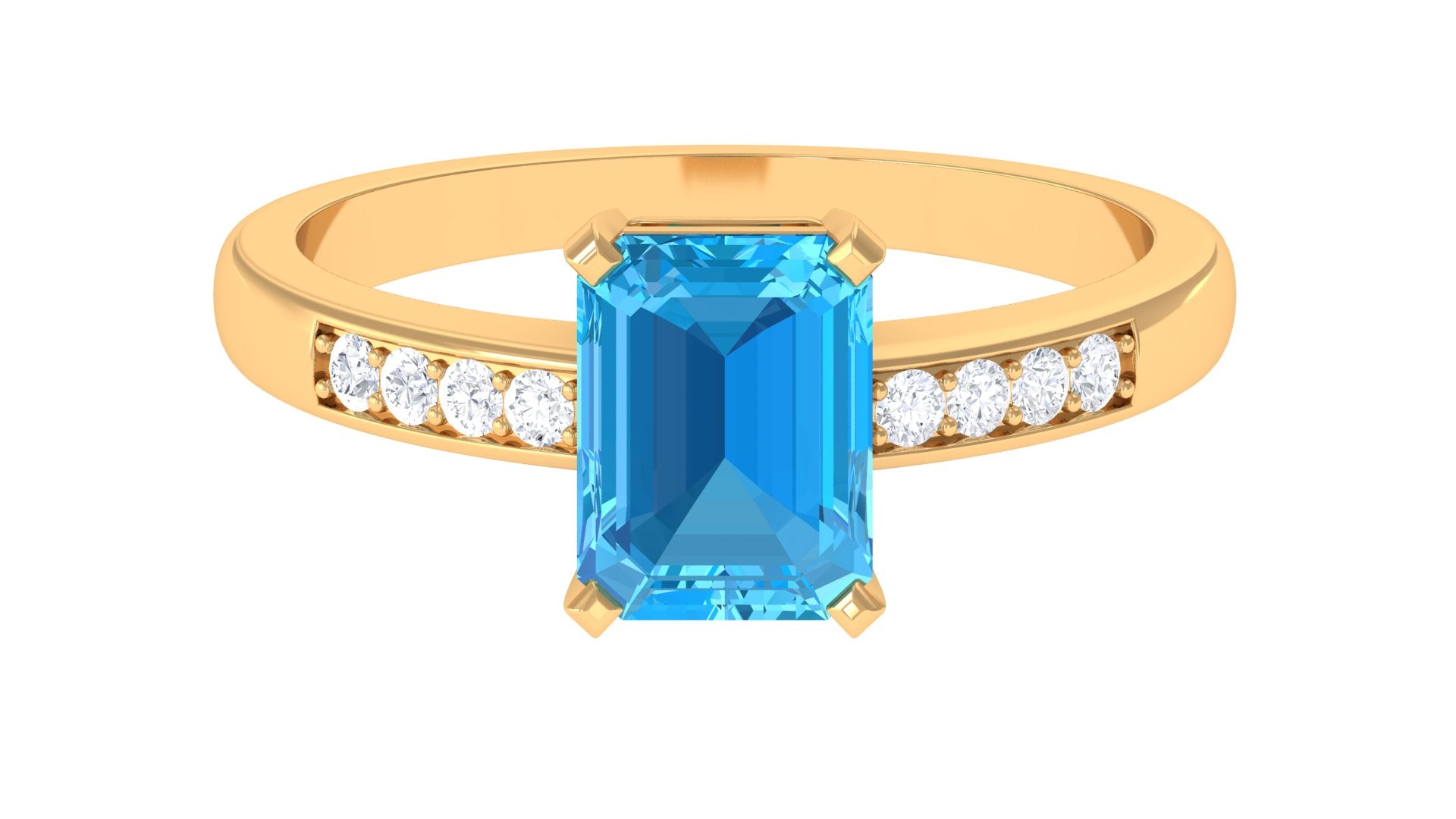 Rosec Jewels-Emerald Cut Swiss Blue Topaz Solitaire Engagement Ring with Diamond Side Stones