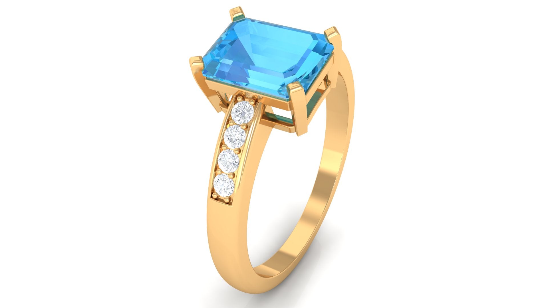 Rosec Jewels-Emerald Cut Swiss Blue Topaz Solitaire Engagement Ring with Diamond Side Stones