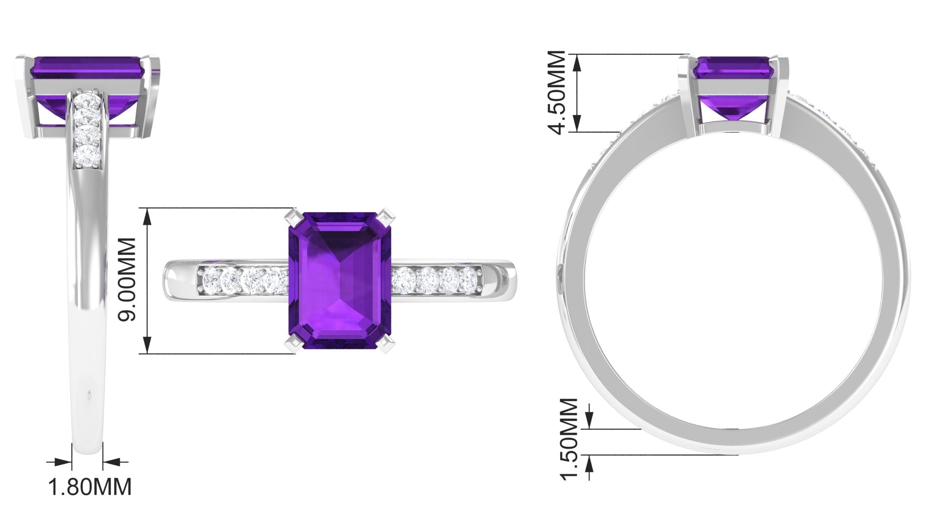 Rosec Jewels-Octagon Cut Amethyst Solitaire Engagement Ring with Diamond Side Stones