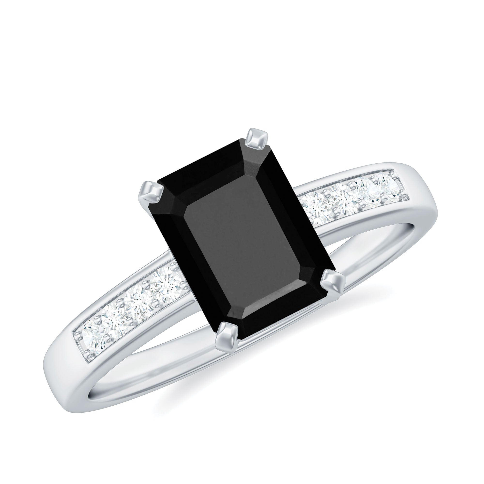 Rosec Jewels-Octagon Cut Black Onyx Solitaire Engagement Ring with Diamond Side Stones