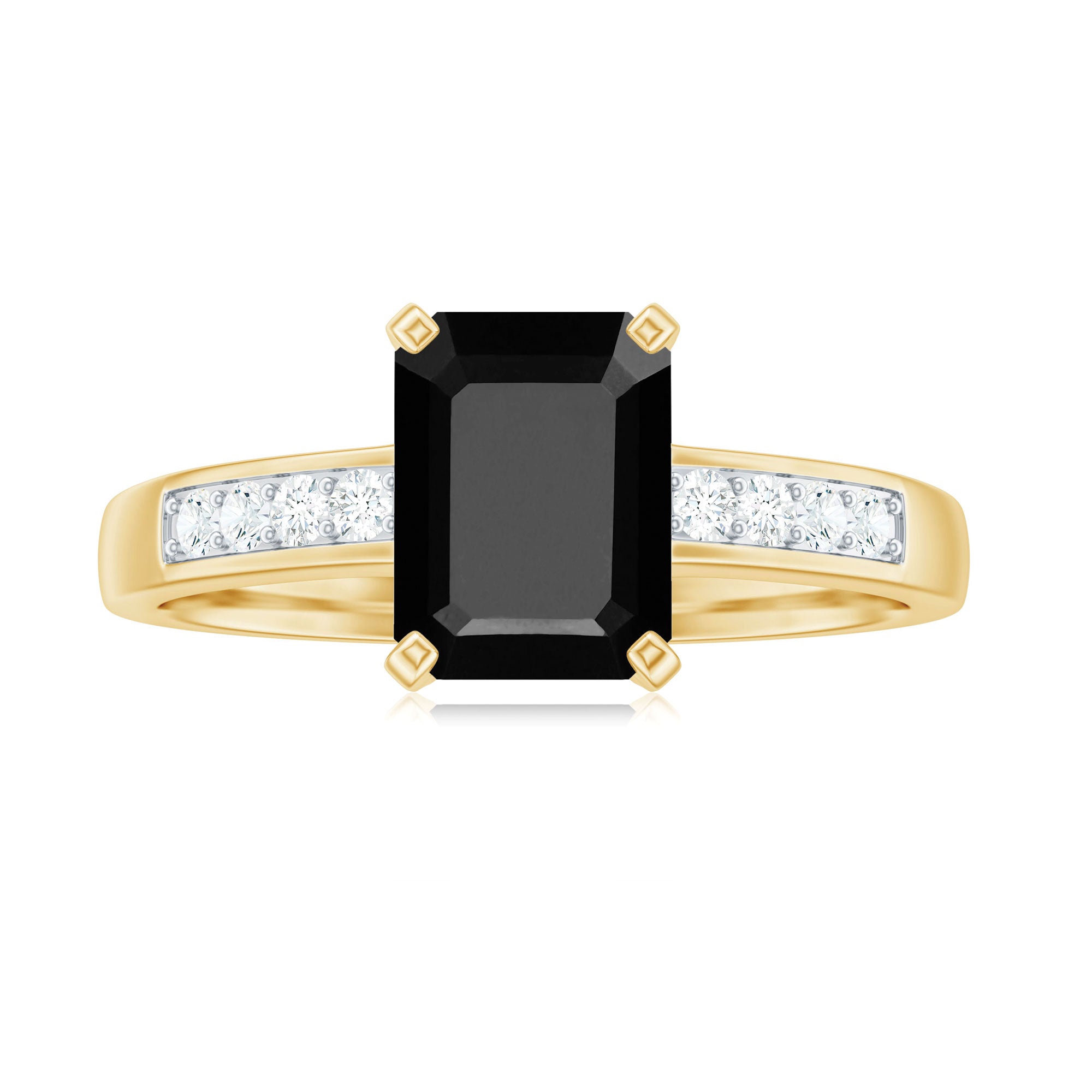 Rosec Jewels-Octagon Cut Black Onyx Solitaire Engagement Ring with Diamond Side Stones