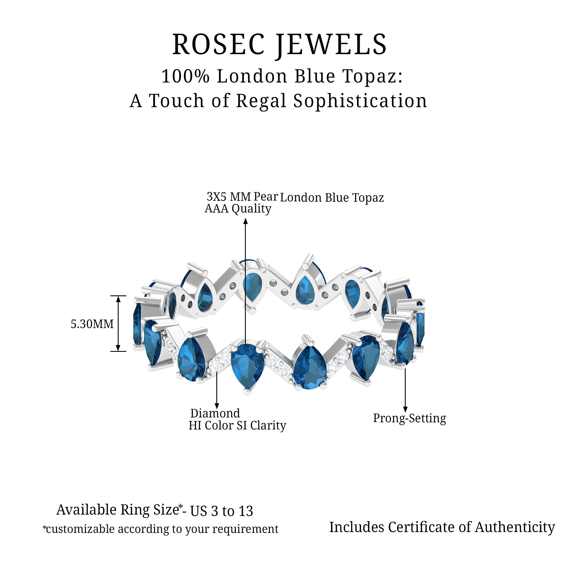 Rosec Jewels-Pear Cut London Blue Topaz and Diamond Eternity Wedding Band