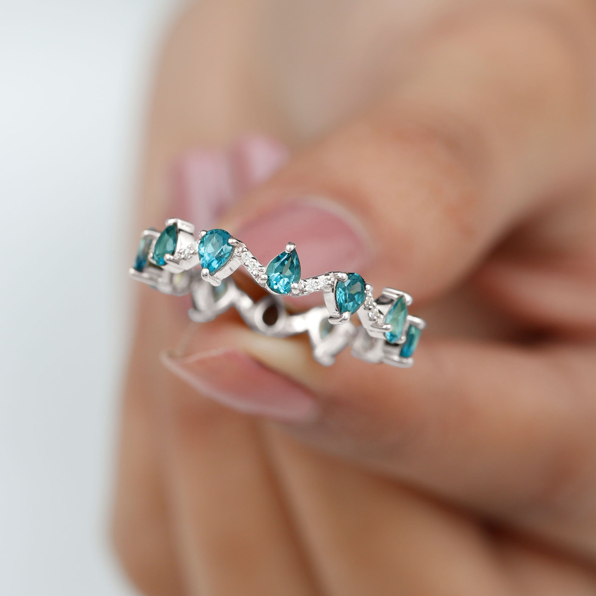 Rosec Jewels-Pear Cut London Blue Topaz and Diamond Eternity Wedding Band