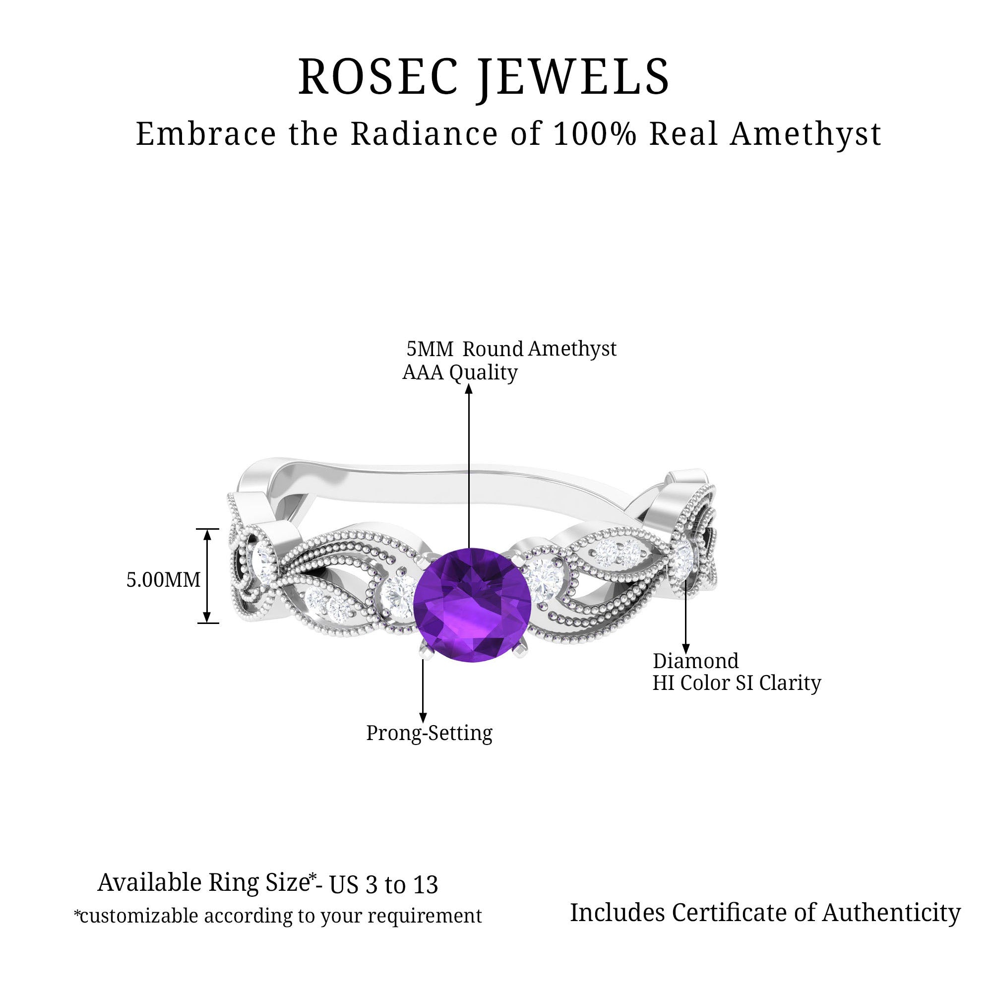 Rosec Jewels-Antique Style Amethyst and Diamond Engagement Ring with Beaded Detailing