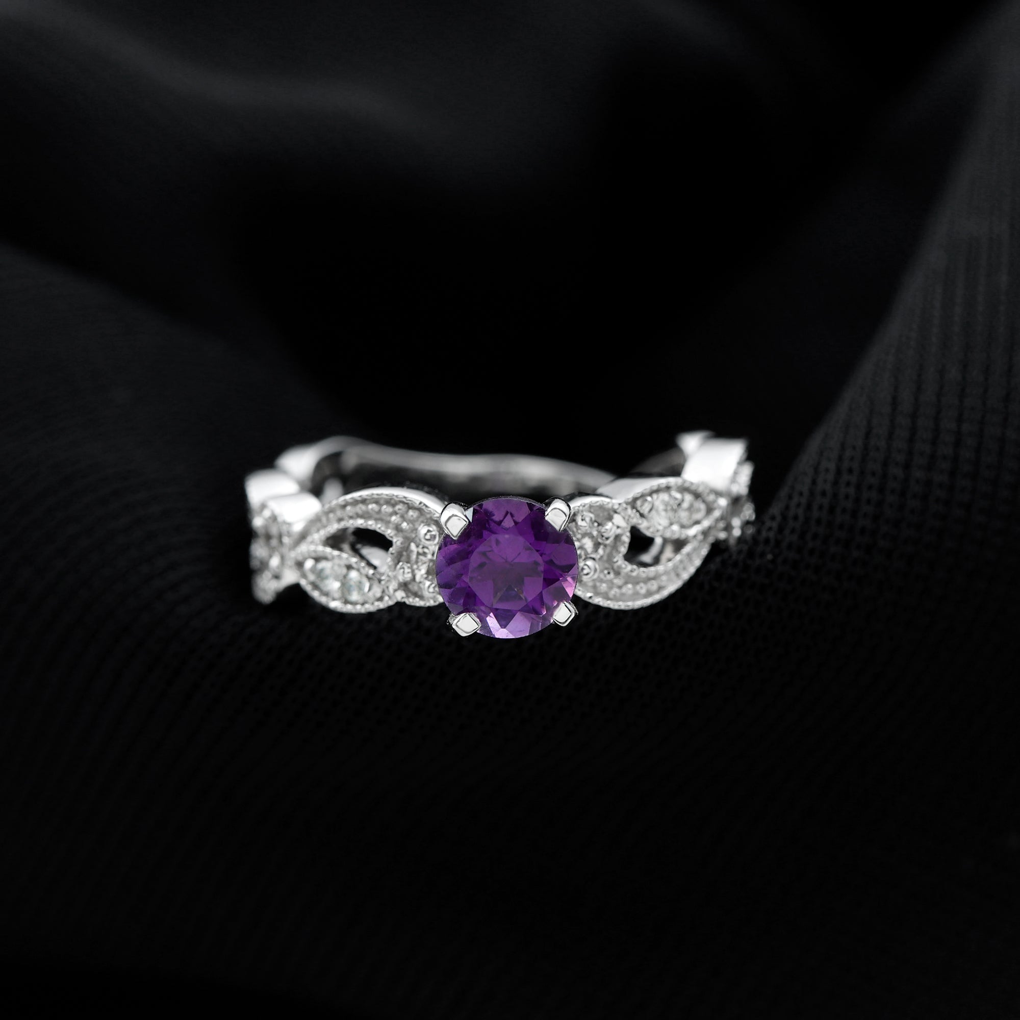 Rosec Jewels-Antique Style Amethyst and Diamond Engagement Ring with Beaded Detailing