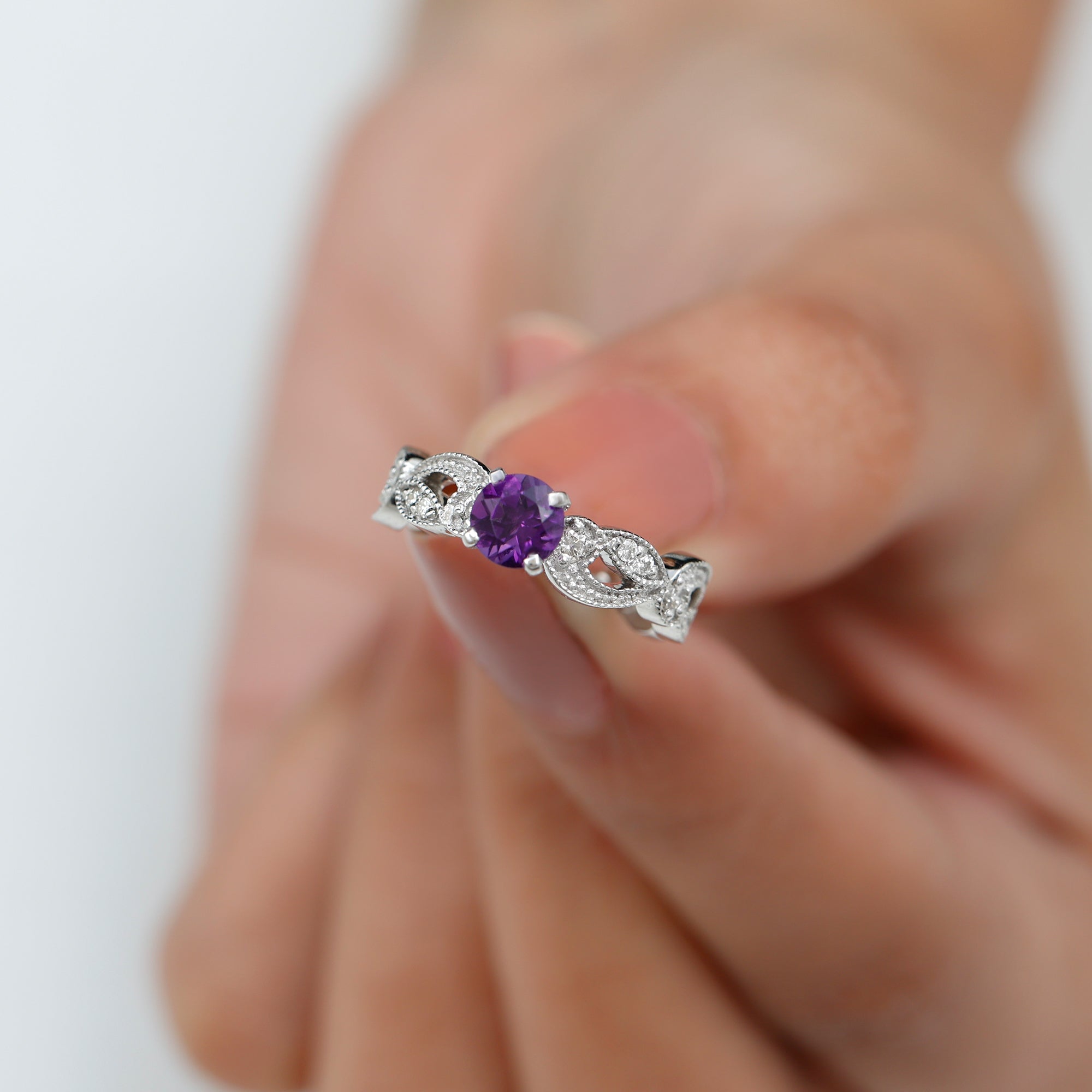 Rosec Jewels-Antique Style Amethyst and Diamond Engagement Ring with Beaded Detailing