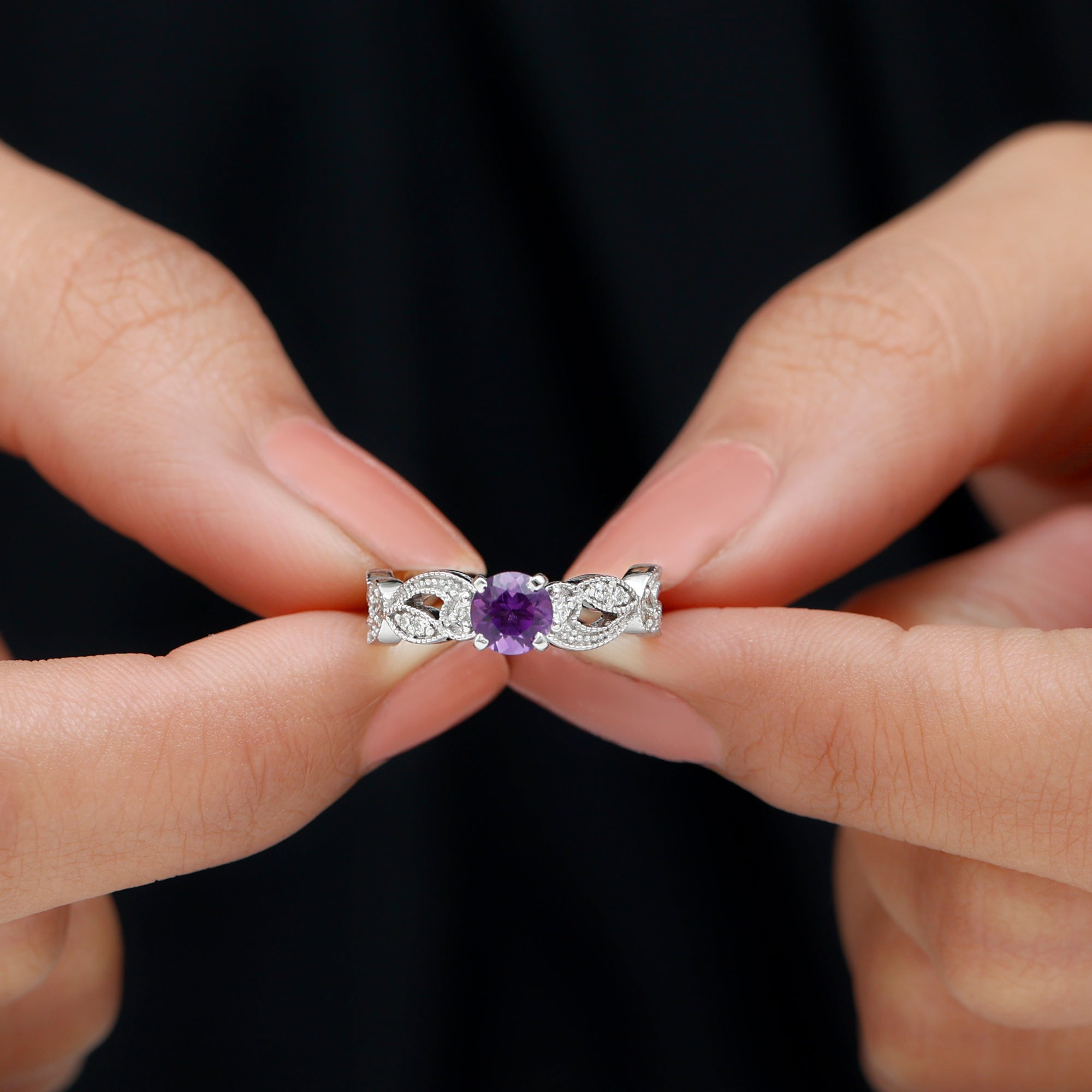 Rosec Jewels-Antique Style Amethyst and Diamond Engagement Ring with Beaded Detailing