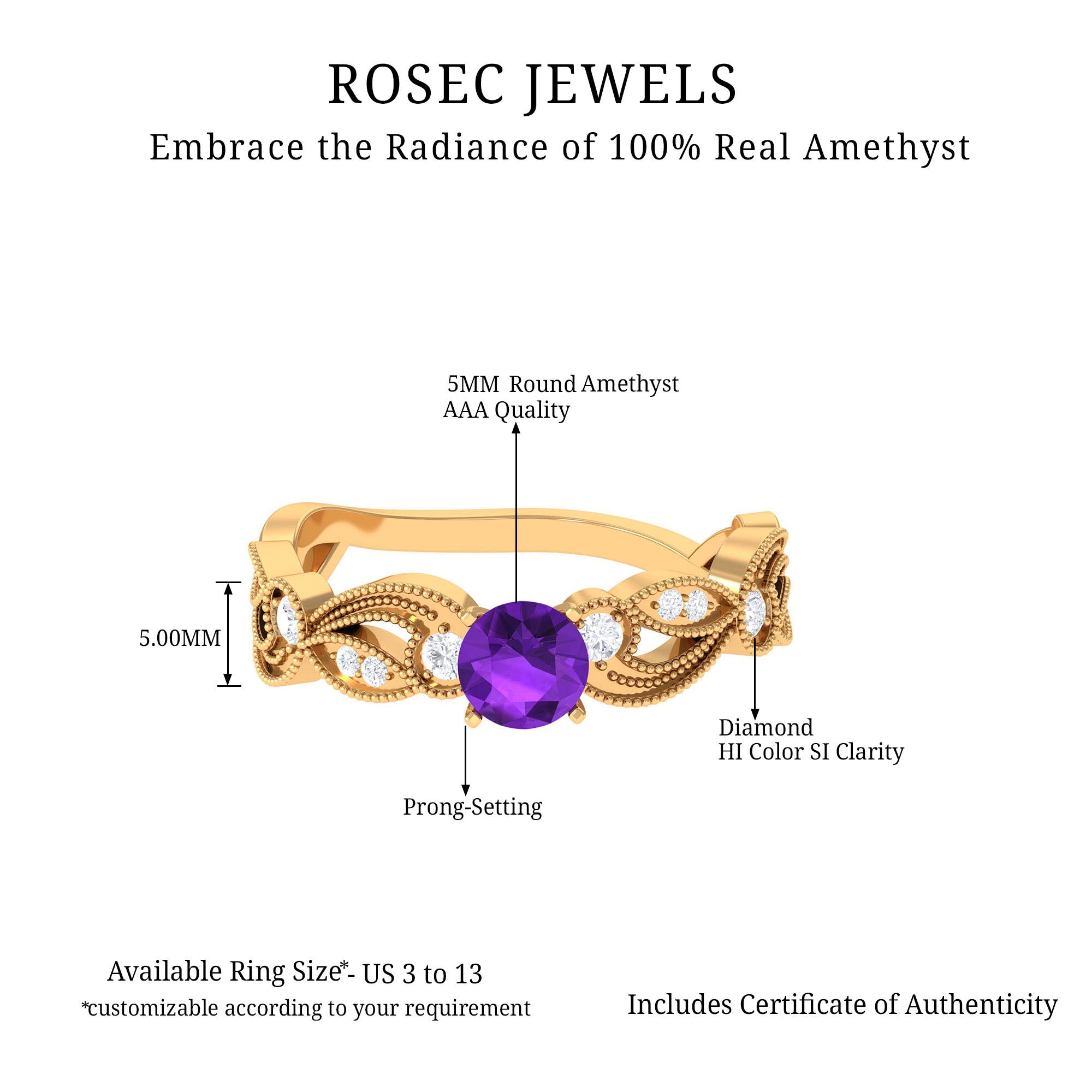 Rosec Jewels-Antique Style Amethyst and Diamond Engagement Ring with Beaded Detailing