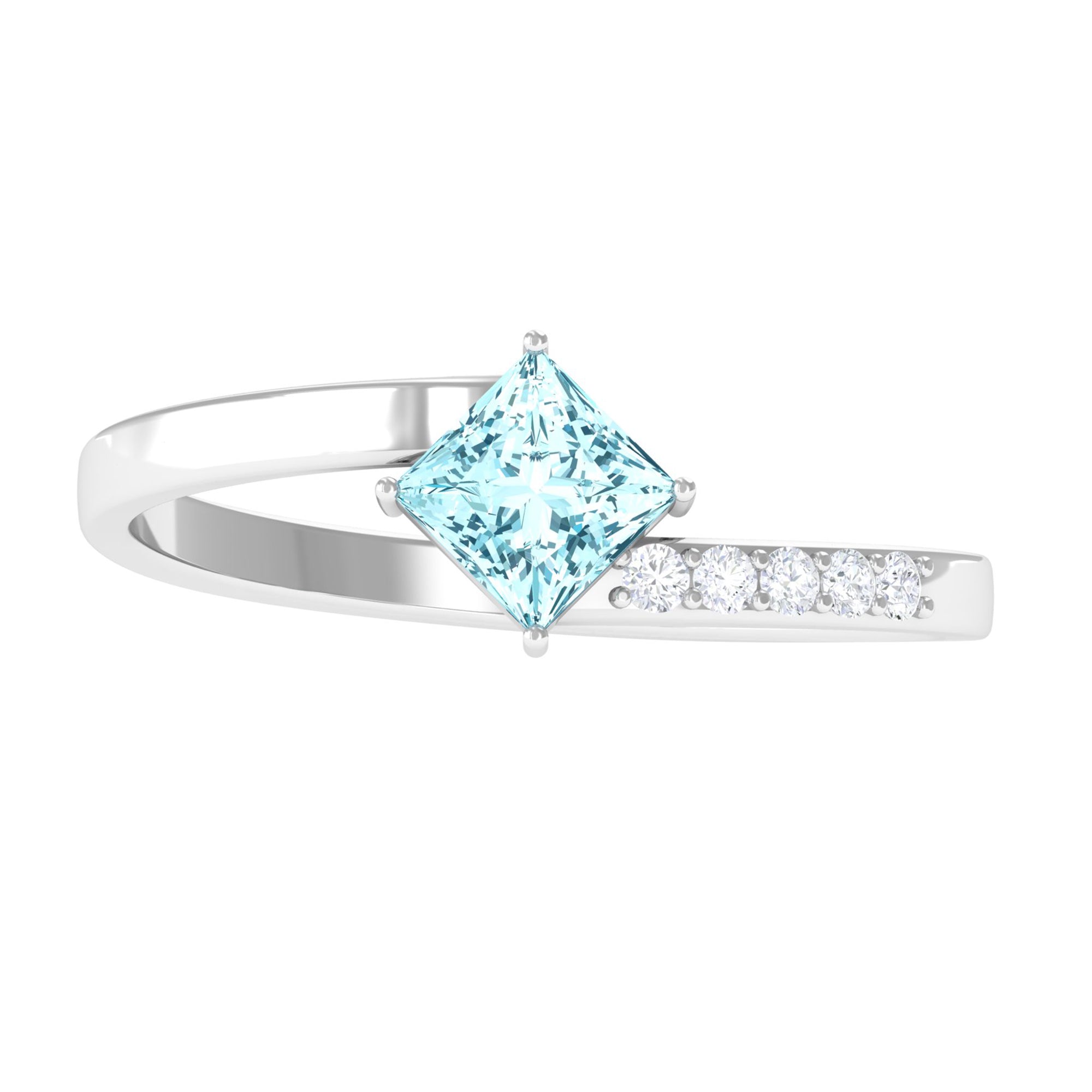 Rosec Jewels-Princess Cut Aquamarine Bypass Solitaire Ring with Diamond