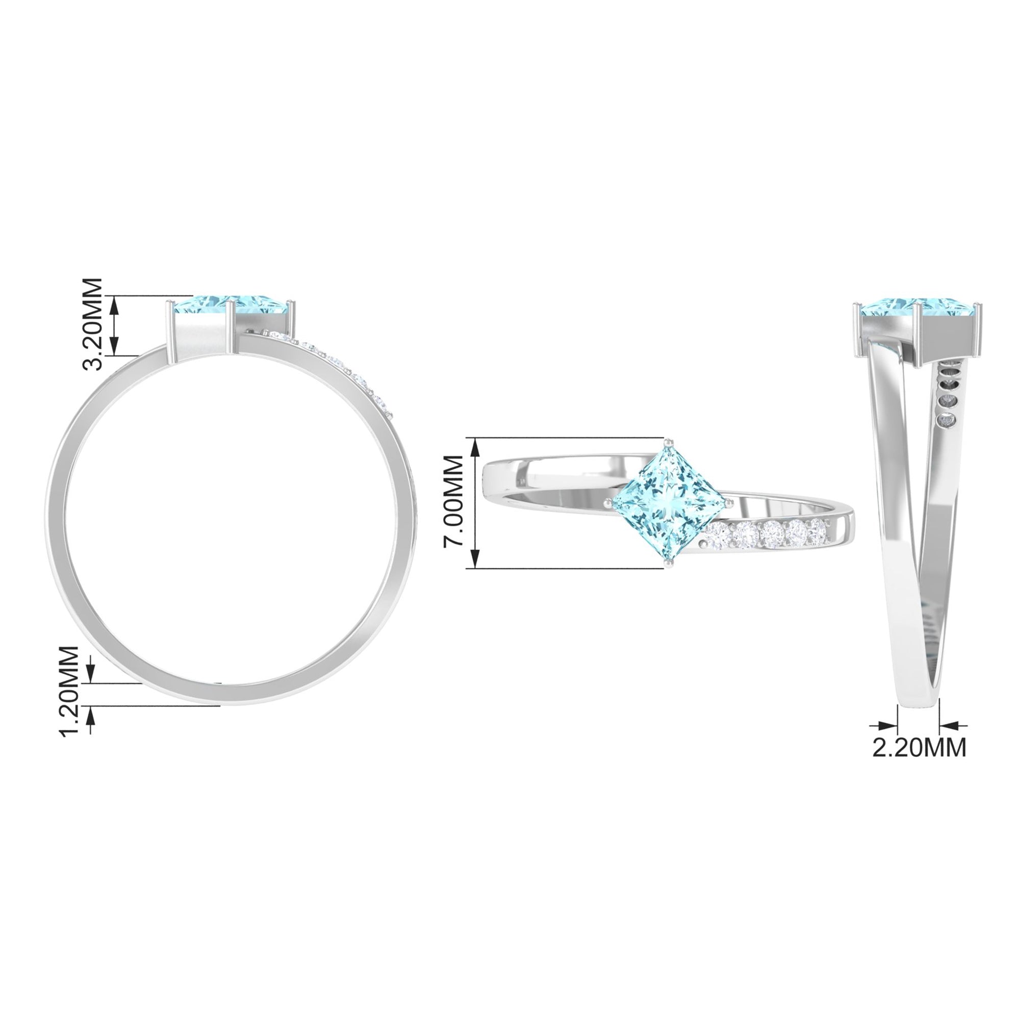 Rosec Jewels-Princess Cut Aquamarine Bypass Solitaire Ring with Diamond