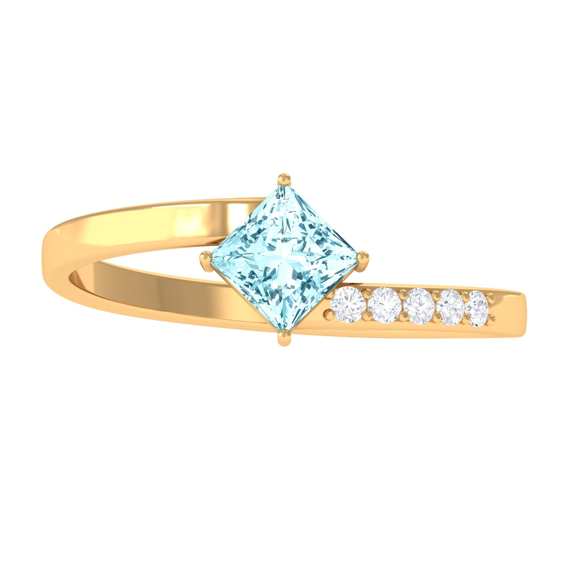 Rosec Jewels-Princess Cut Aquamarine Bypass Solitaire Ring with Diamond