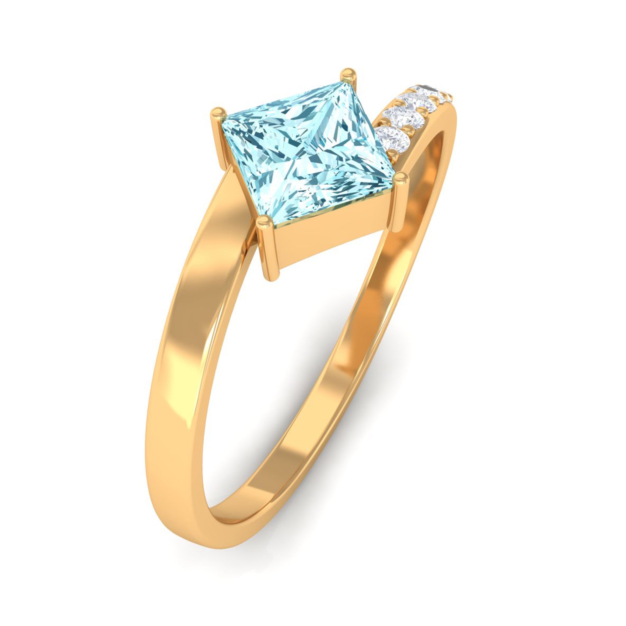 Rosec Jewels-Princess Cut Aquamarine Bypass Solitaire Ring with Diamond