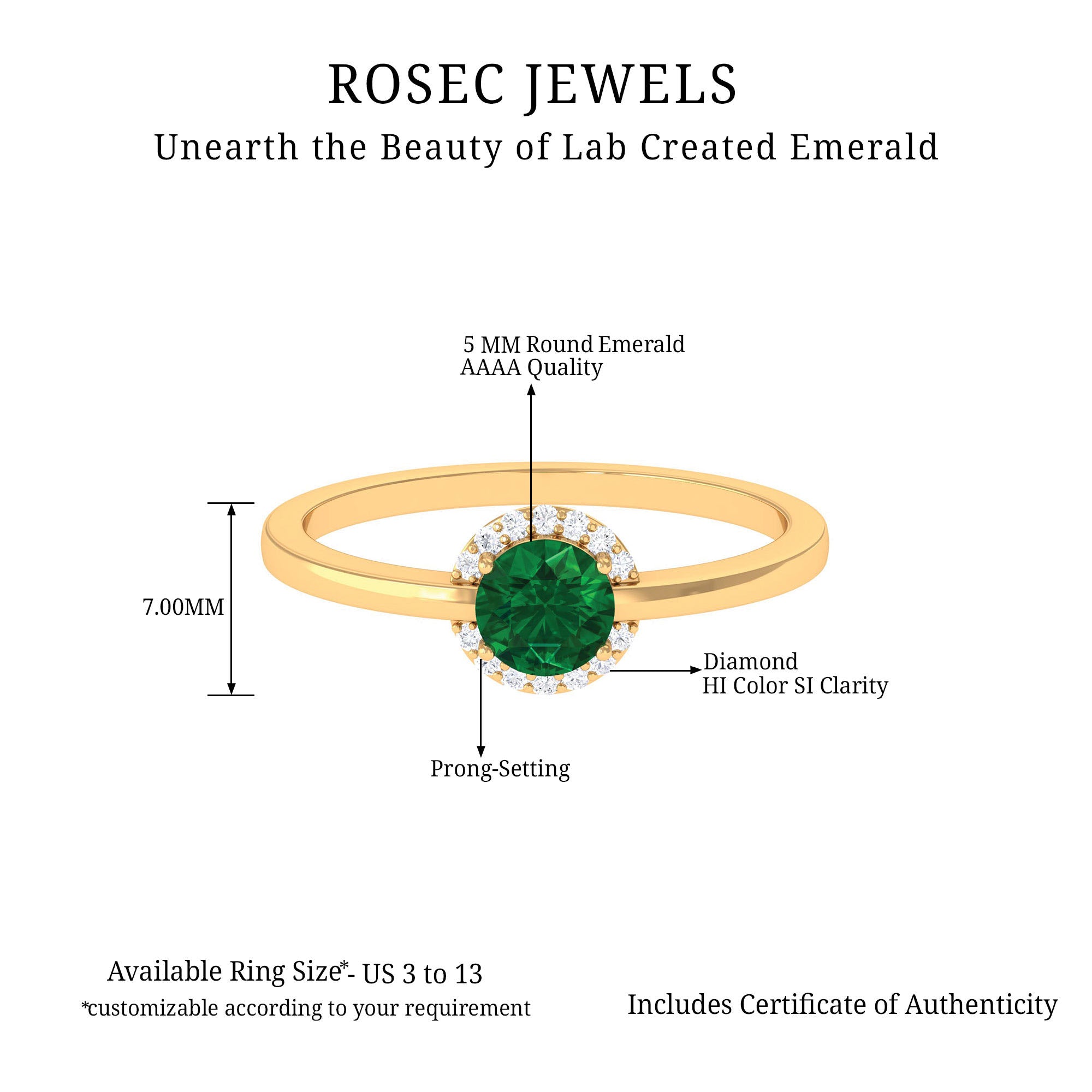 Rosec Jewels-Round Lab Grown Emerald Halo Engagement Ring with Diamond