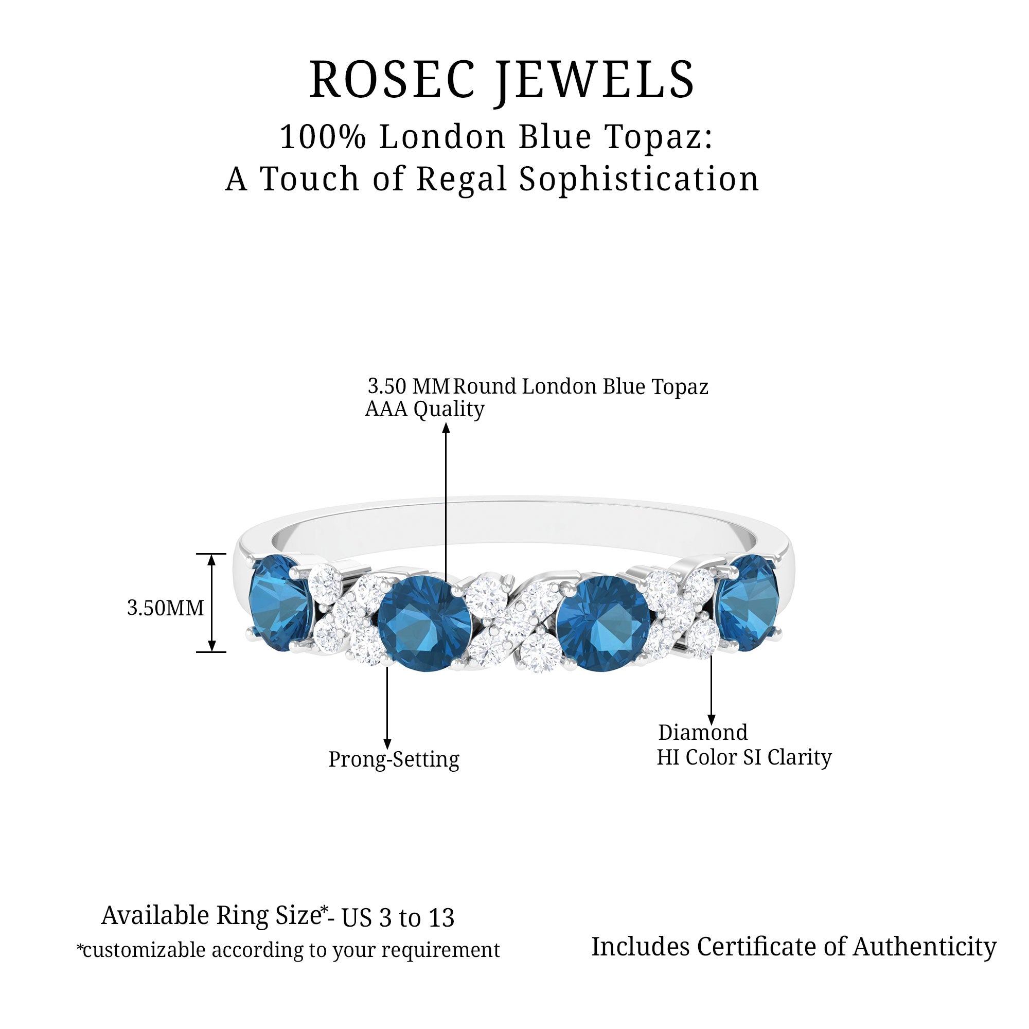 Rosec Jewels-Elegant London Blue Topaz and Diamond Half Eternity Band Ring