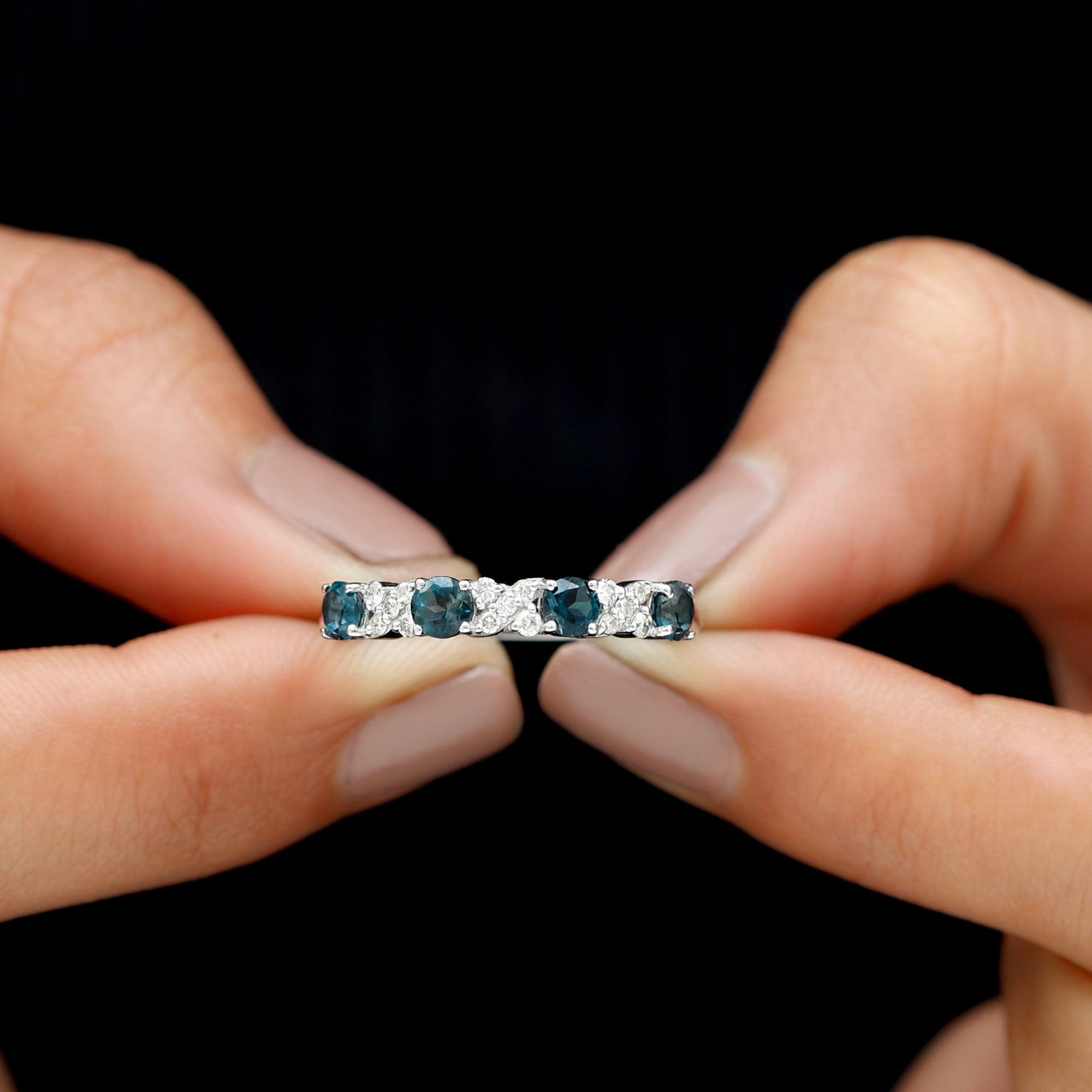 Rosec Jewels-Elegant London Blue Topaz and Diamond Half Eternity Band Ring