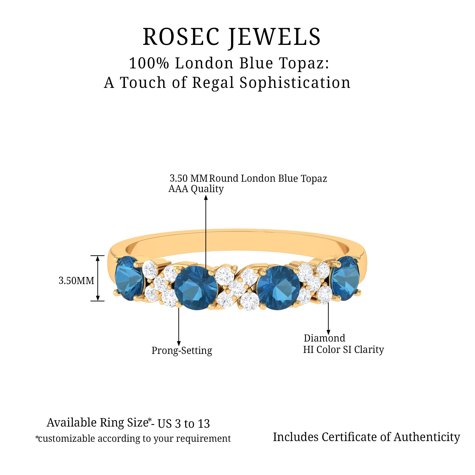 Rosec Jewels-Elegant London Blue Topaz and Diamond Half Eternity Band Ring