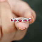 Rosec Jewels-Baguette Cut Ruby Half Eternity Ring with Diamond Accent