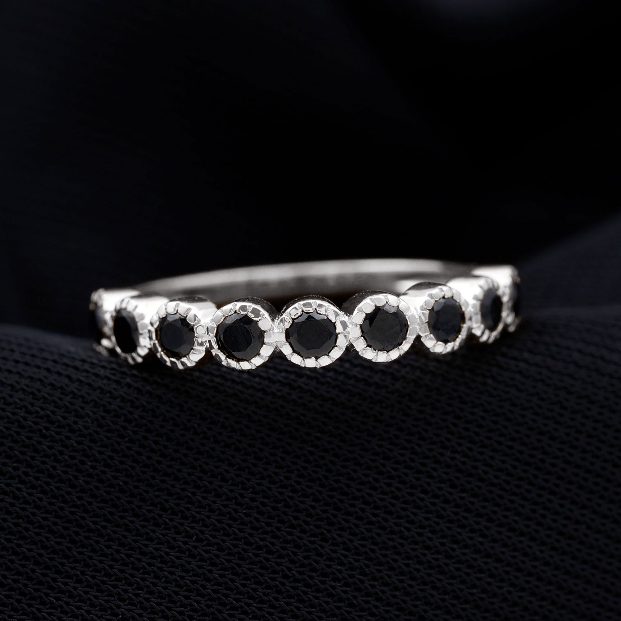 Rosec Jewels-Milgrain Bezel Set Black Onyx Half Eternity Ring