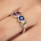 Rosec Jewels-Graduated Style Oval Cut Multi Created Sapphire Ring with Moissanite