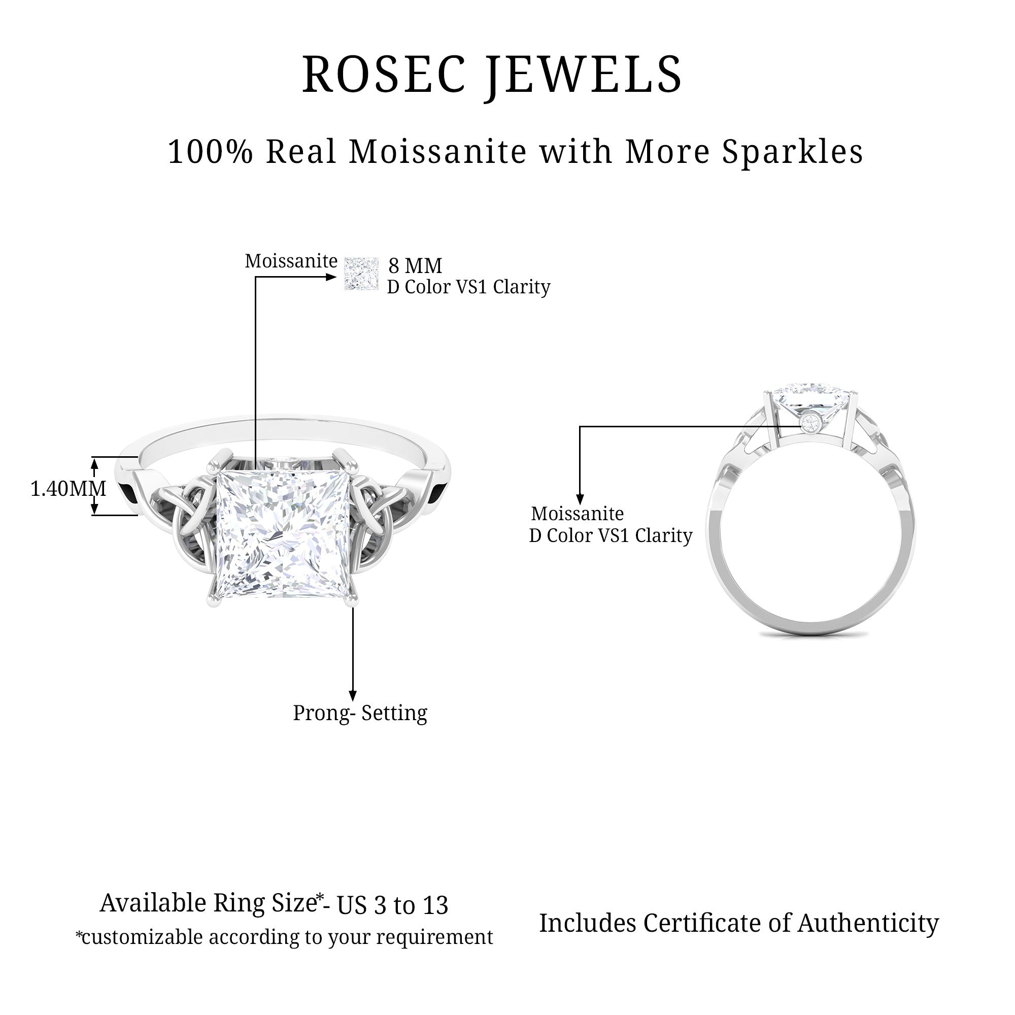 Rosec Jewels-Princess Cut Solitaire Moissanite Celtic Knot Engagement Ring