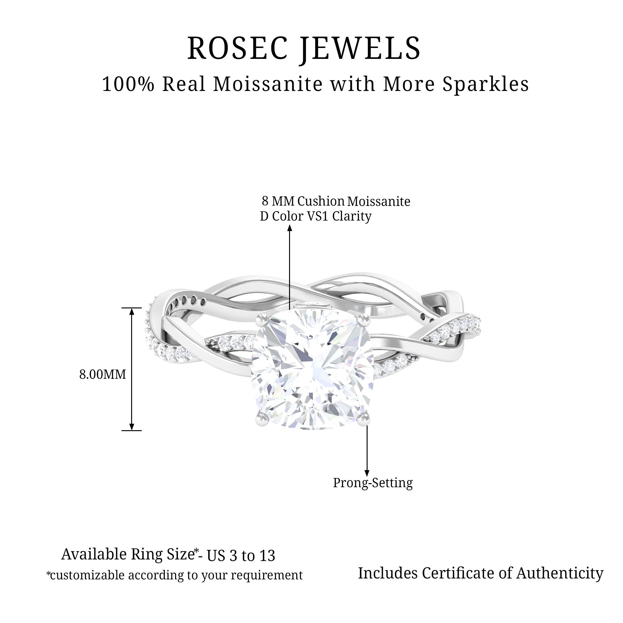 Rosec Jewels-2.25 CT Cushion Cut Solitaire Moissanite Braided Ring in Prong Setting and Hidden Style