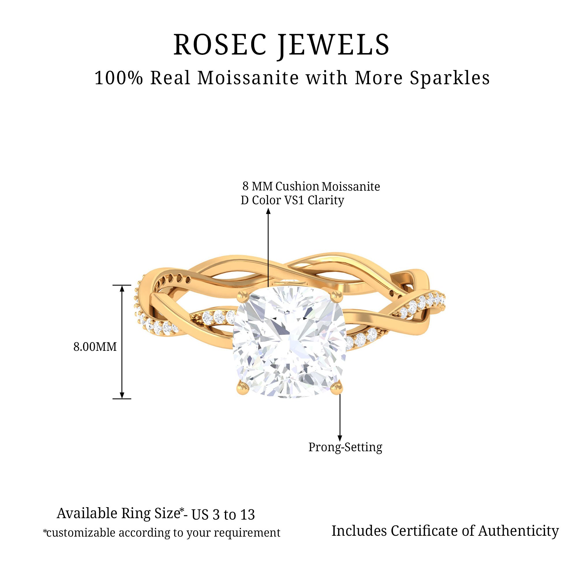 Rosec Jewels-2.25 CT Cushion Cut Solitaire Moissanite Braided Ring in Prong Setting and Hidden Style