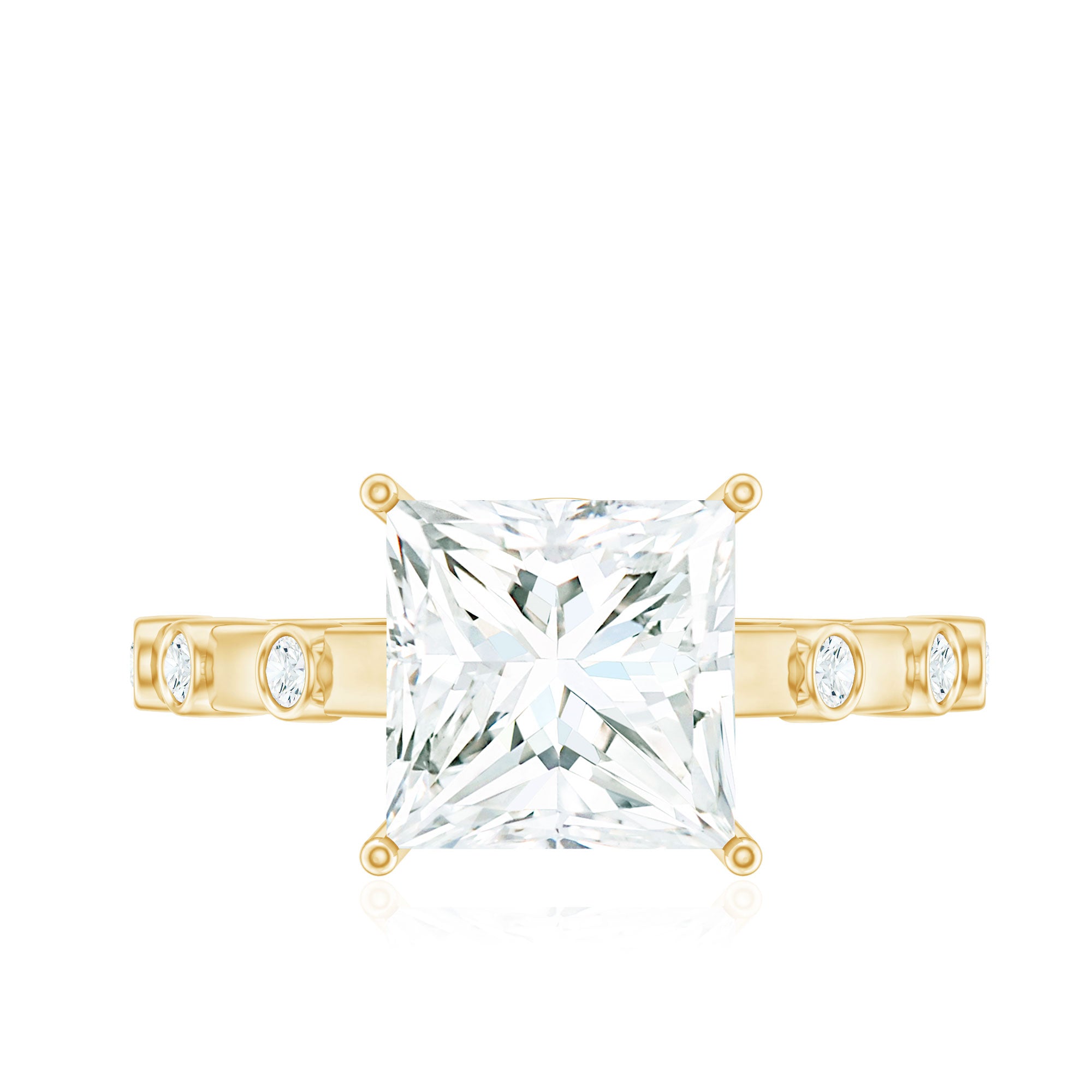 Rosec Jewels-3 CT Princess Cut Moissanite Solitaire Ring in Prong Setting and Hidden Style with Spaced Set Side Stones