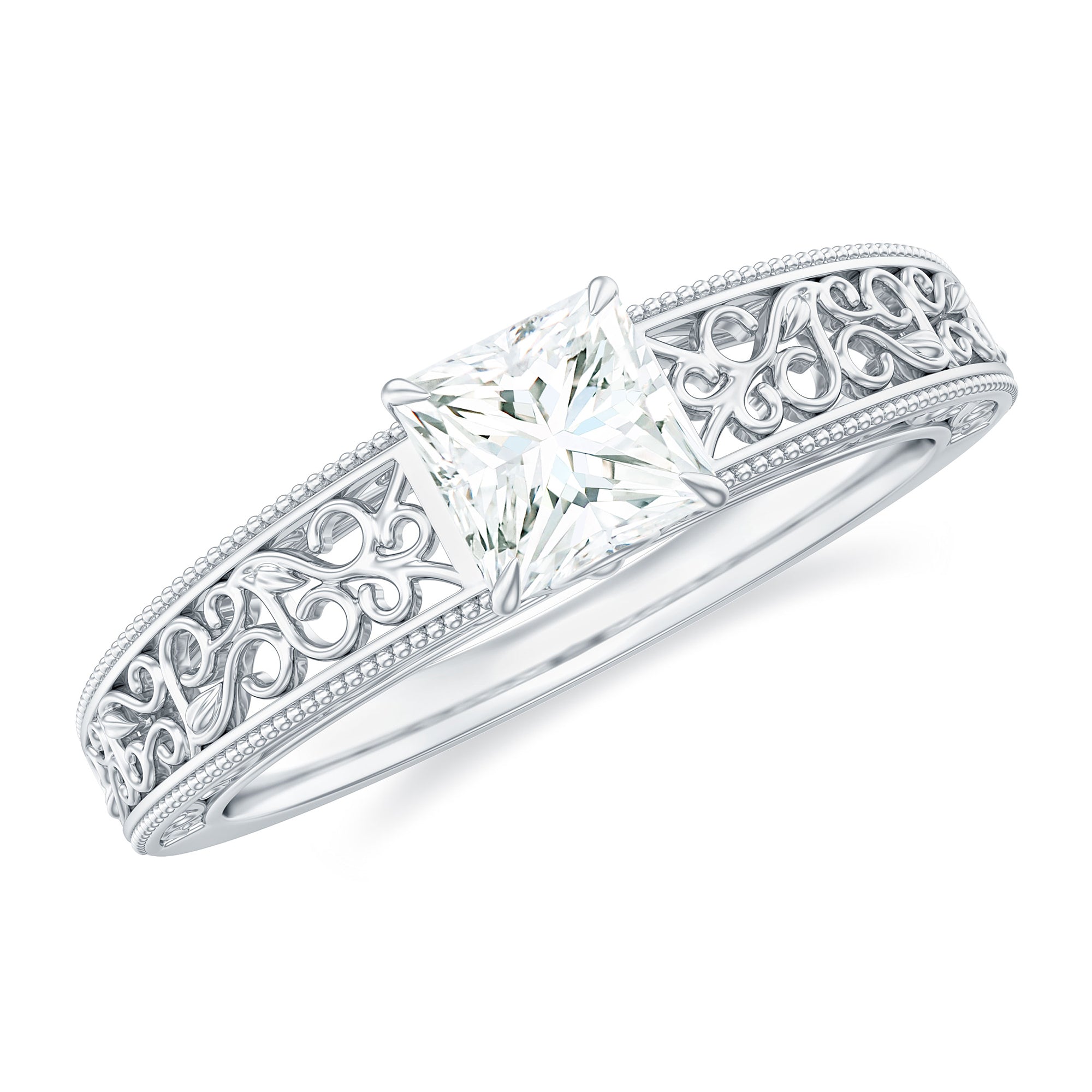 Rosec Jewels-Princess Cut Solitaire Moissanite Filigree Gold Engagement Ring