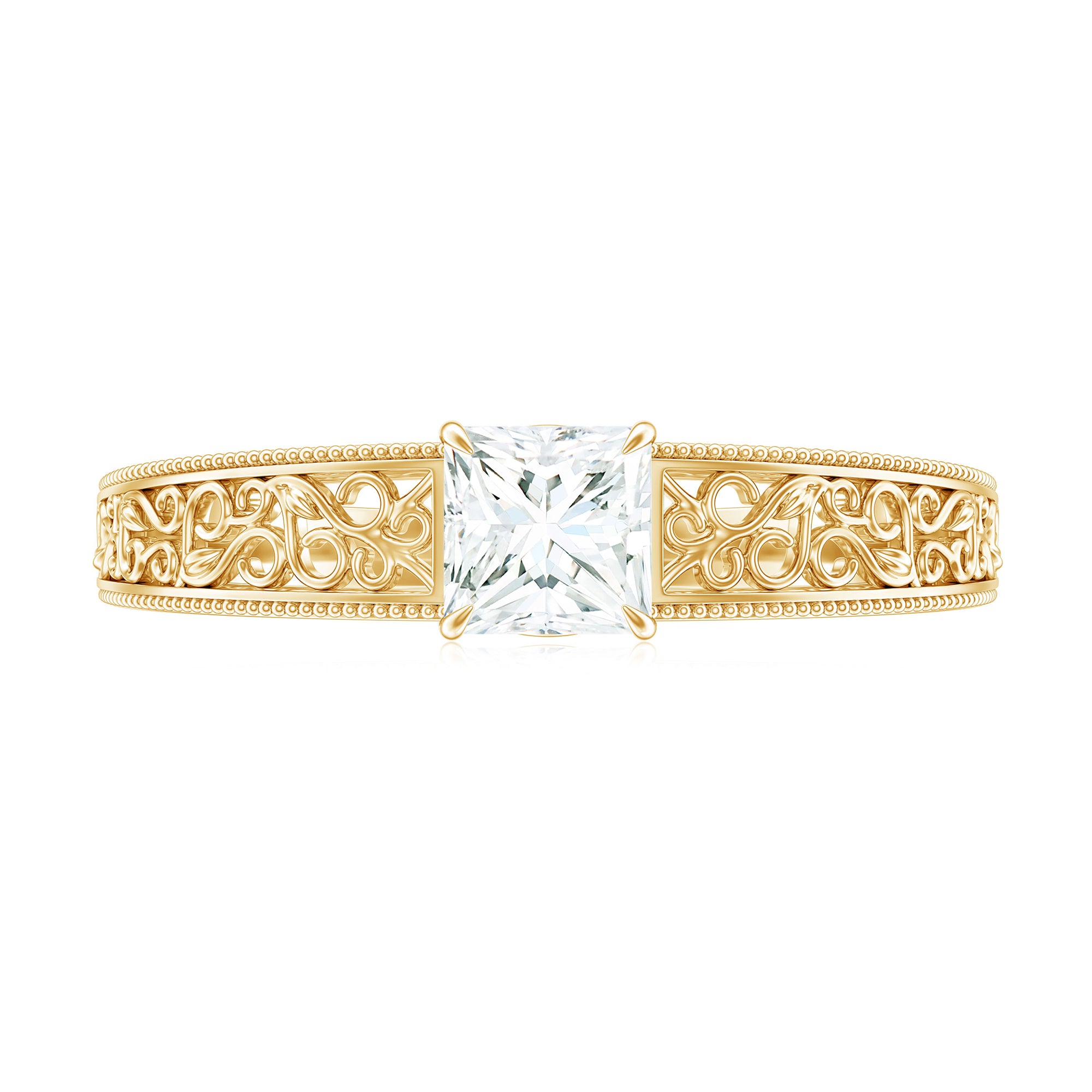 Rosec Jewels-Princess Cut Solitaire Moissanite Filigree Gold Engagement Ring